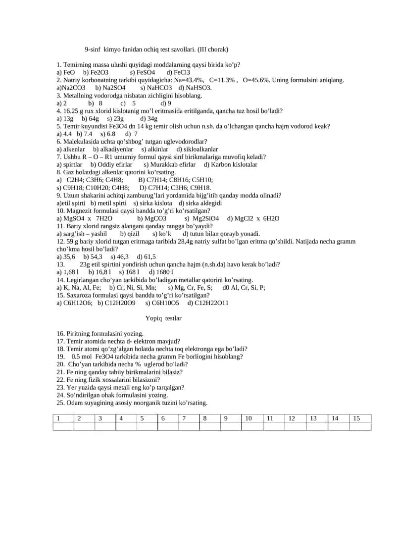 9-sinf kimyo fanidan ochiq test savollari. (III chorak)