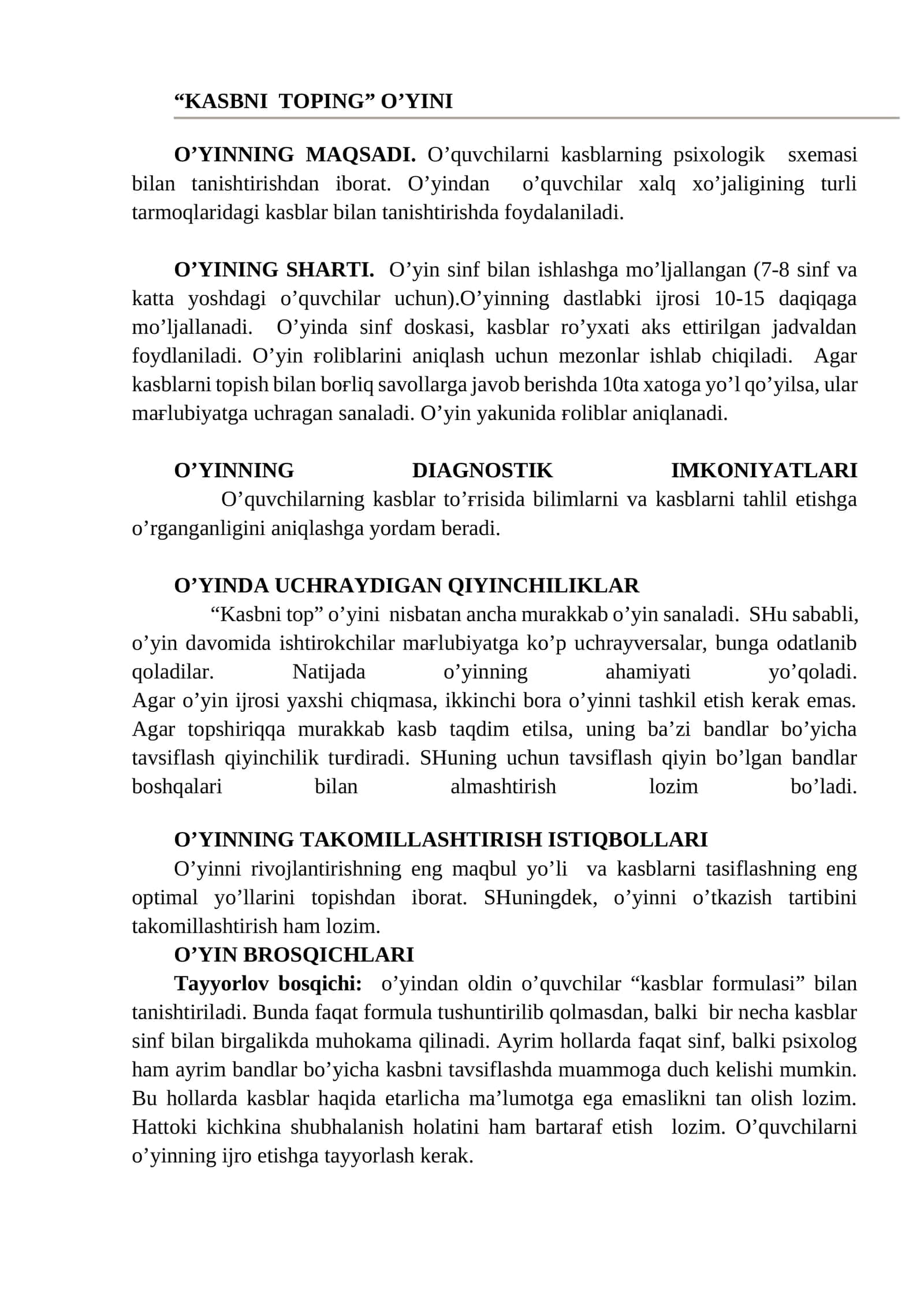 KASBNI TOPING O’YINI