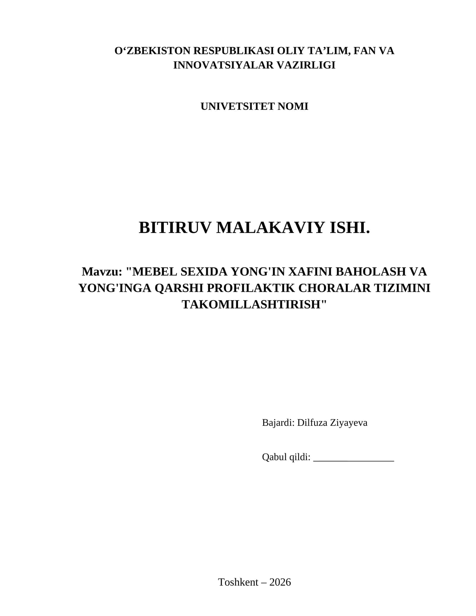 Mebel sexida yong'in xafini baholash va yong'inga qarshi profilaktik choralar tizimini takomillashtirish