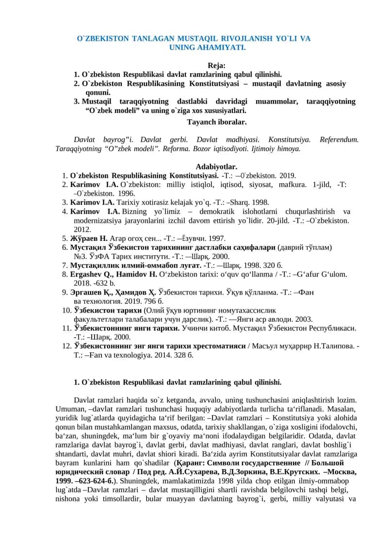O`ZBEKISTON TANLAGAN MUSTAQIL RIVOJLANISH YO`LI VA UNING AHAMIYATI