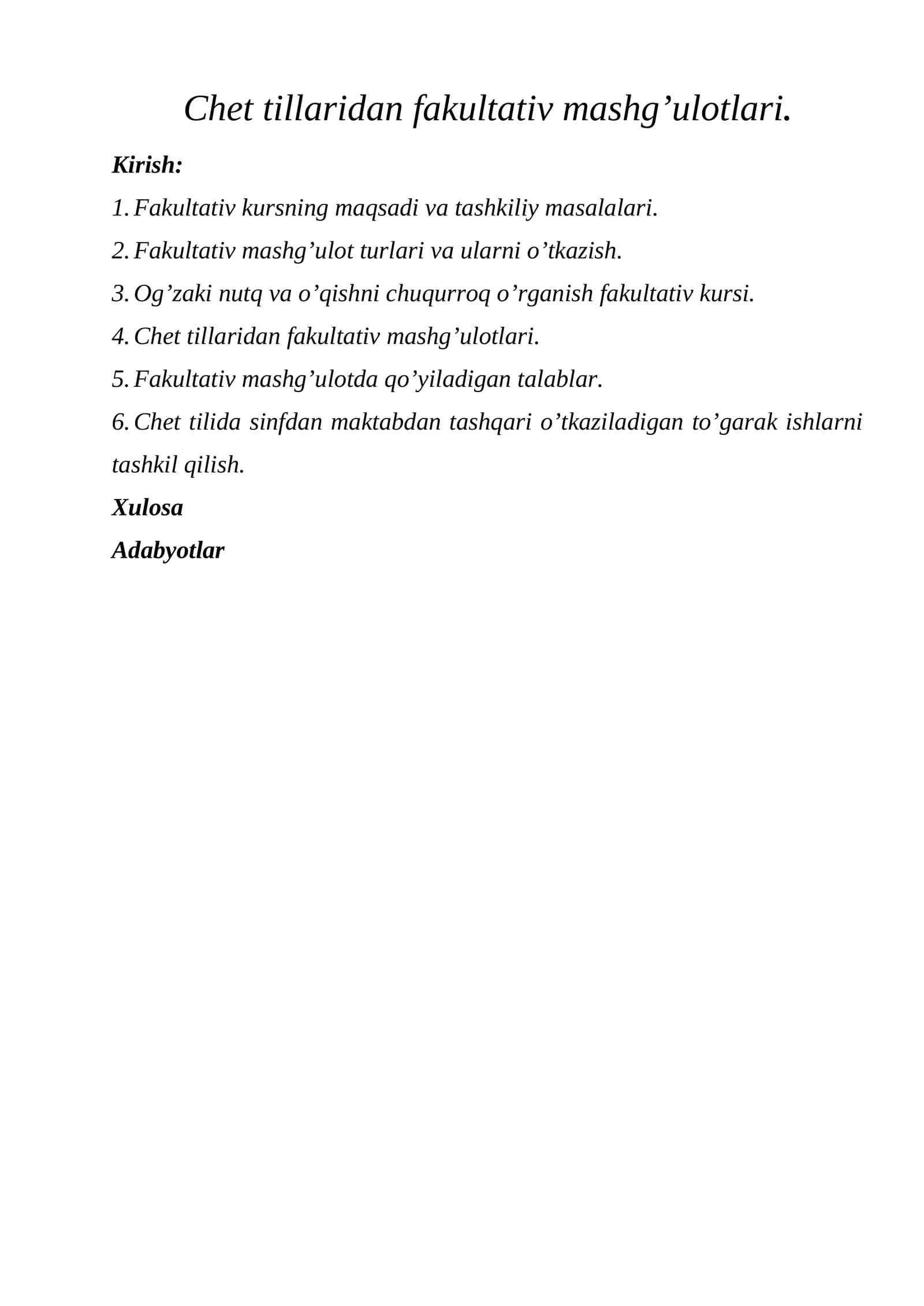 Chet tillaridan fakultativ mashg’ulotlari