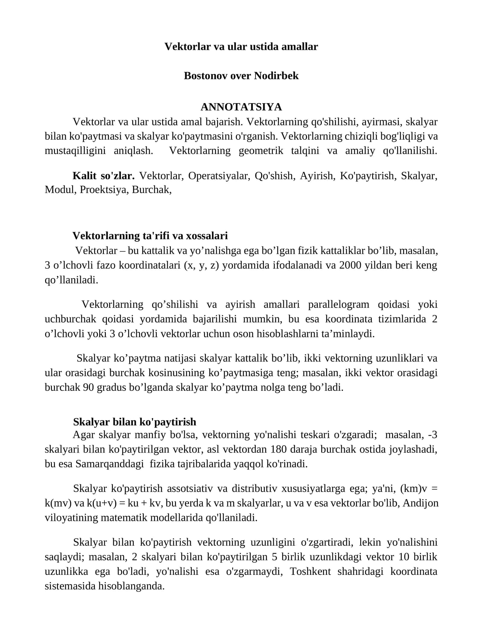 Vektorlar va ular ustida amallar
