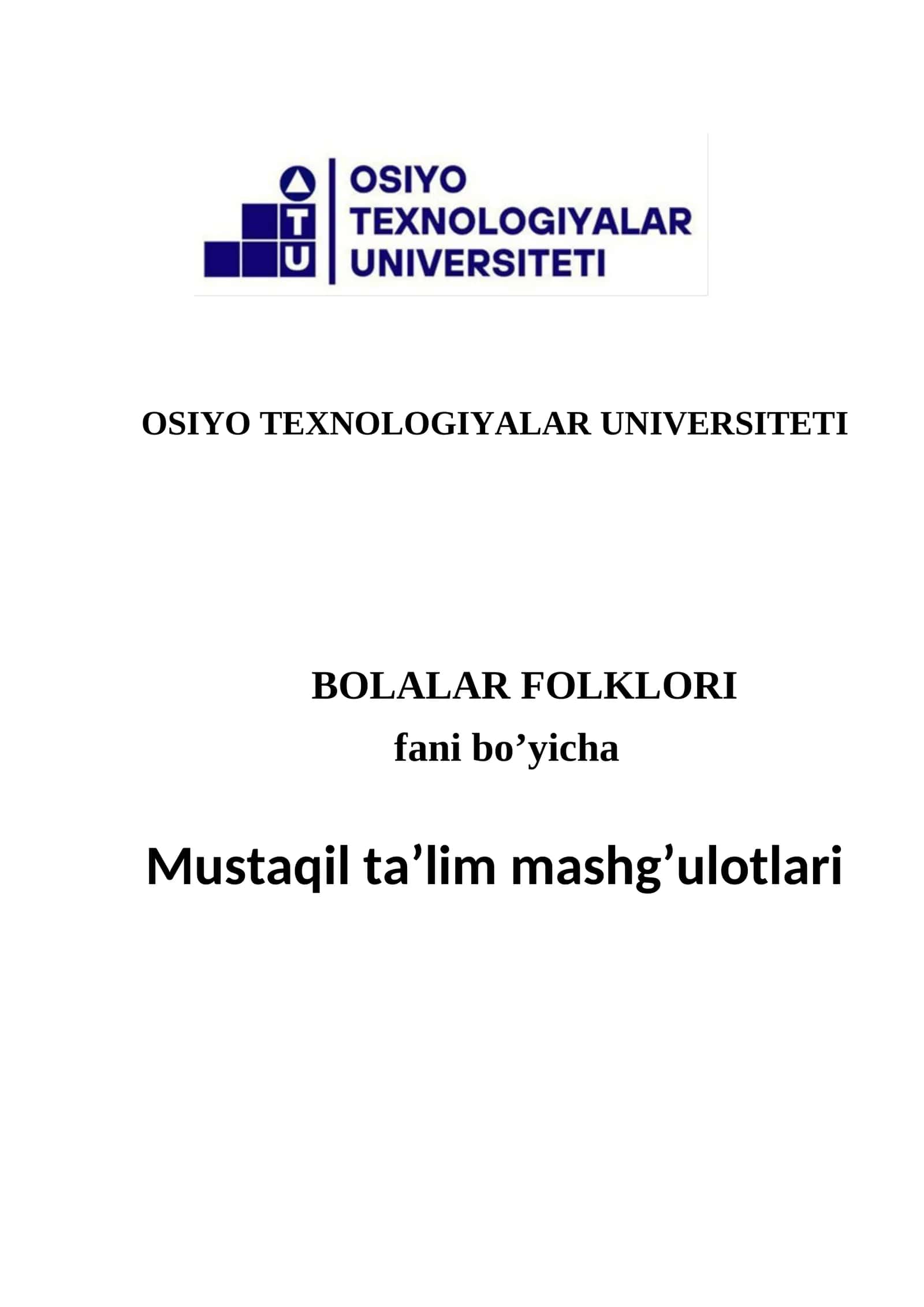 BOLALAR FOLKLORI MUSTAQIL TA’LIM MASHG’ULOTLARI
