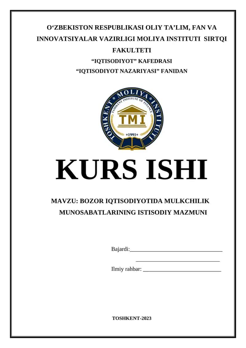 Bozor Iqtisodiyotida Mulkchilik Munosabatlarining Istisodiy Mazmuni