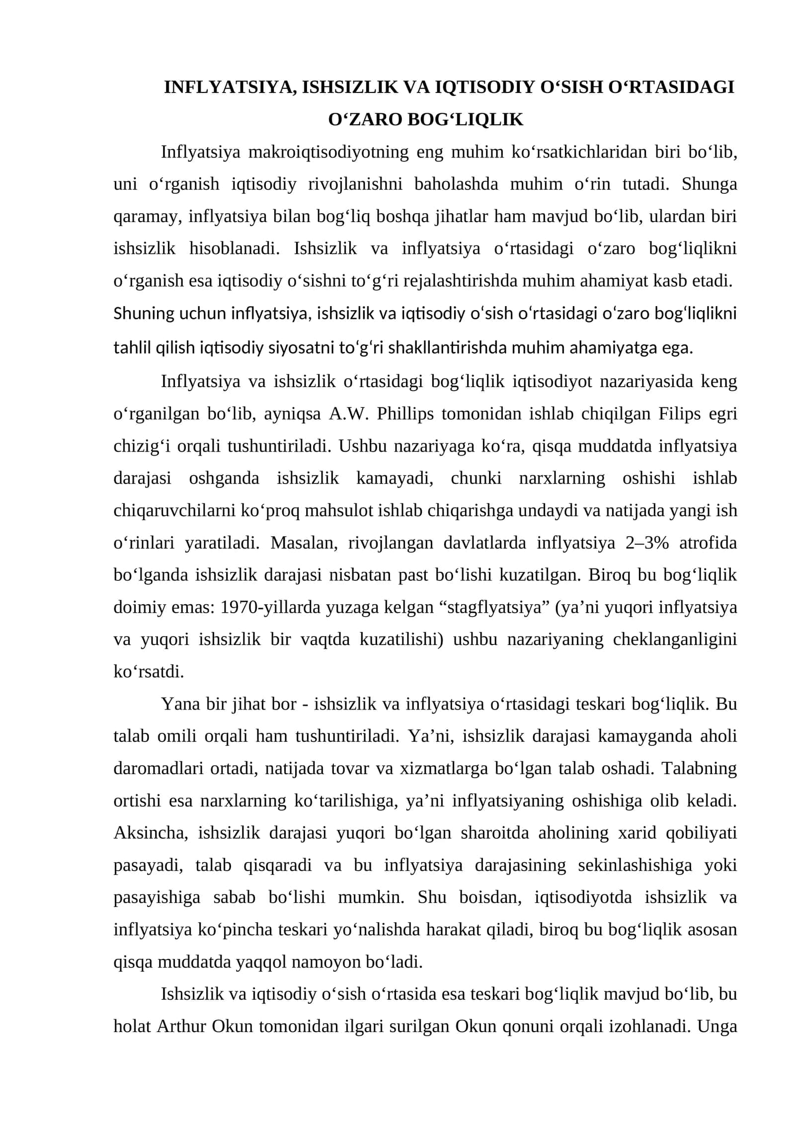 Esse: inflyatsiya va ishsizlik o'rtasidagi bog'liqlik