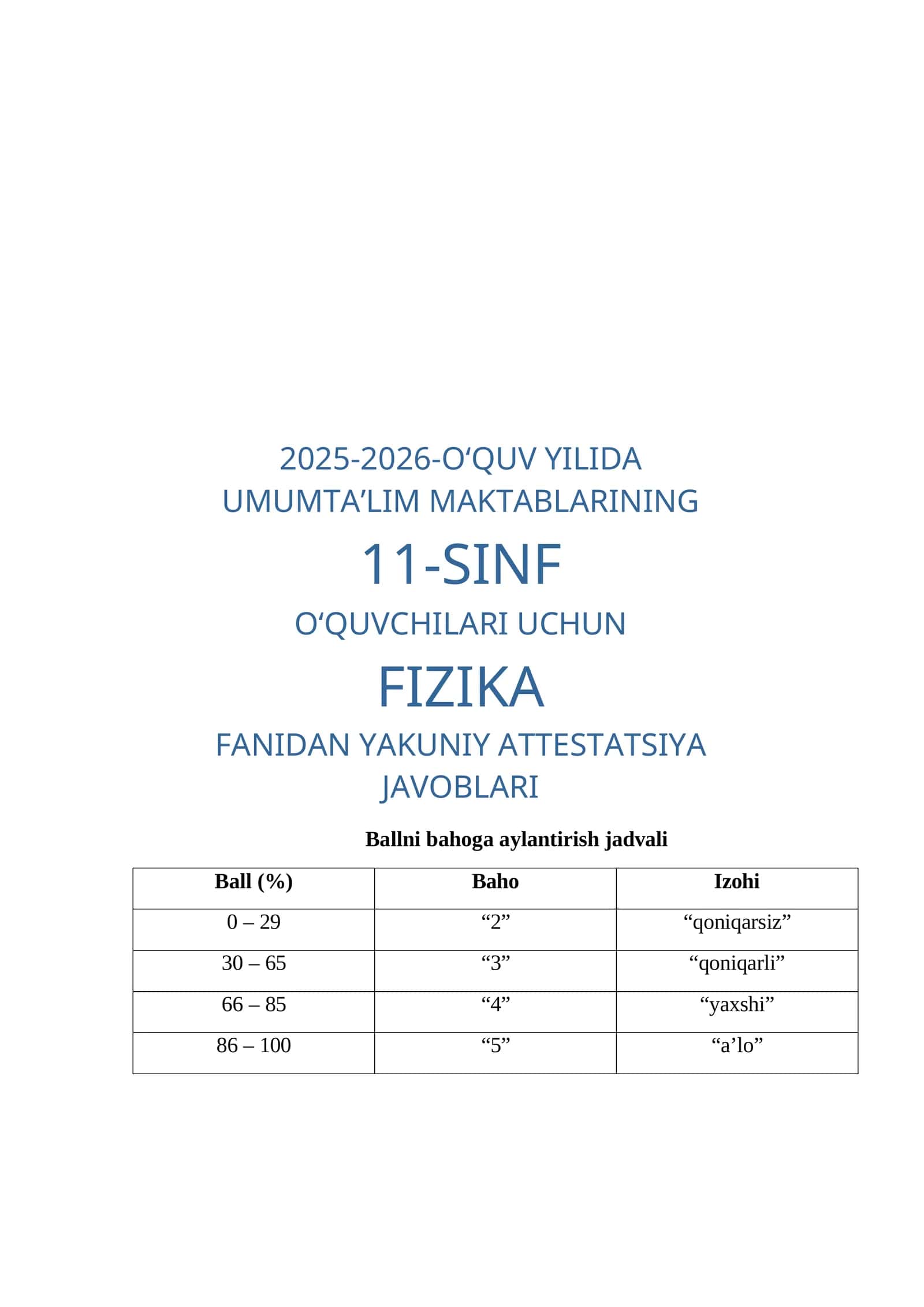 FIZIKA FANIDAN YAKUNIY ATTESTATSIYA JAVOBLARI