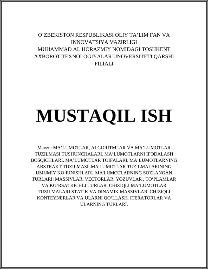 MA’LUMOTLAR, ALGORITMLAR VA MA’LUMOTLAR TUZILMASI TUSHUNCHALARI