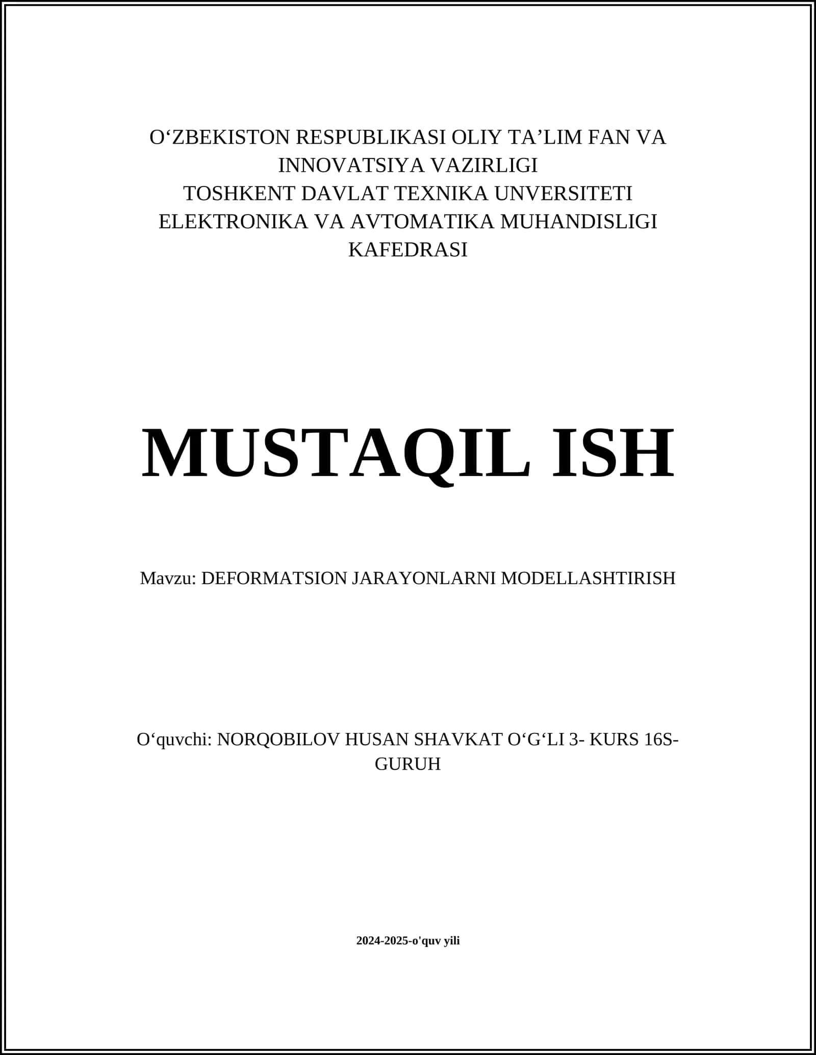 DEFORMATSION JARAYONLARNI MODELLASHTIRISH