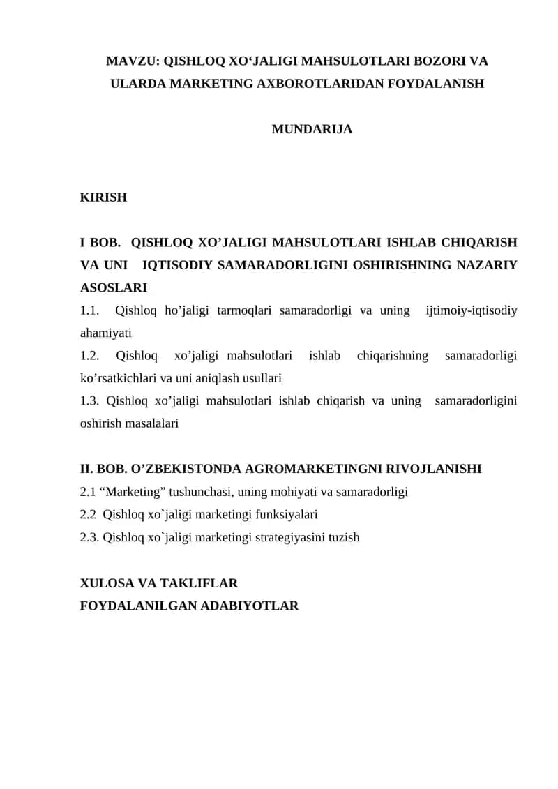 Qishloq xoʻjaligi mahsulotlari bozori va ularda marketing axborotlaridan foydalanish