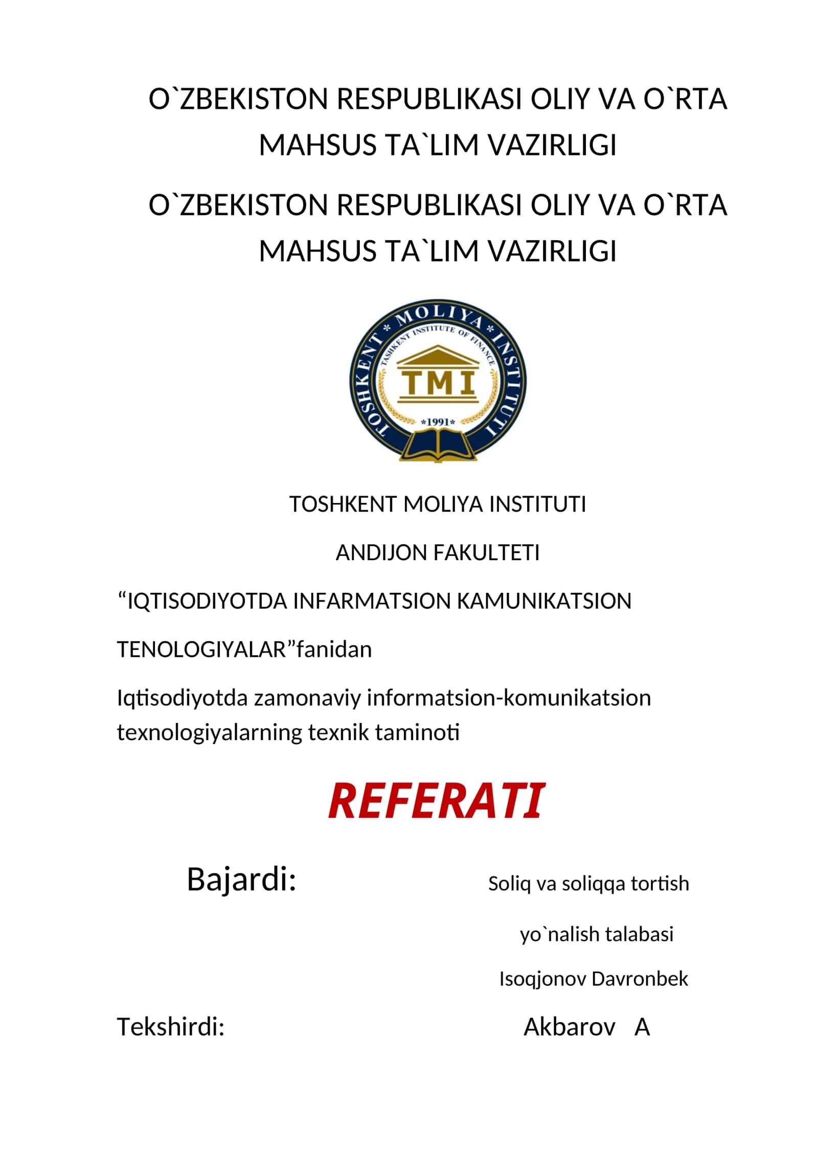 IQTISODIYOTDA INFARMATSION KAMUNIKATSION TENOLOGIYALAR