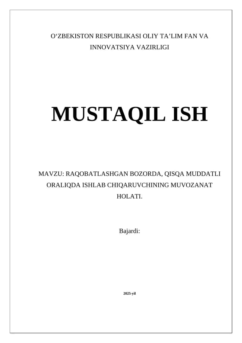 Raqobatlashgan Bozorda Muvozanat Holati