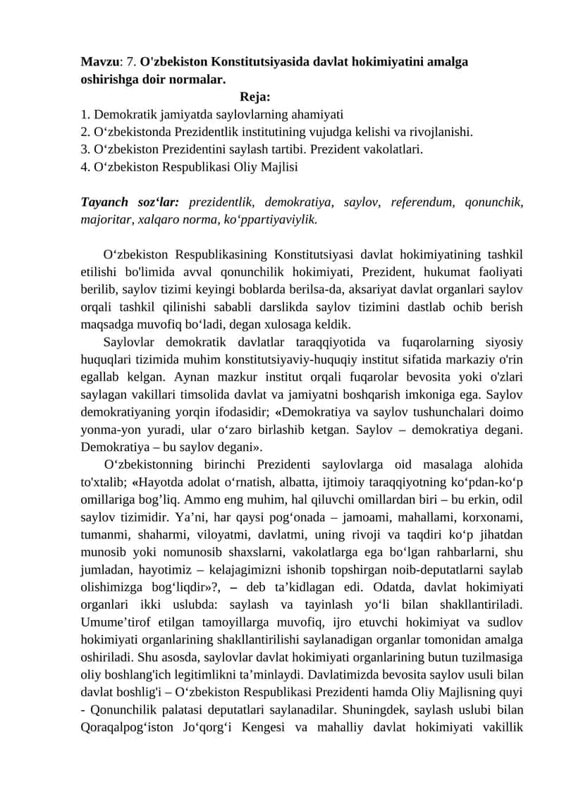 O‘zbekiston Konstitutsiyasida Davlat Hokimiyati