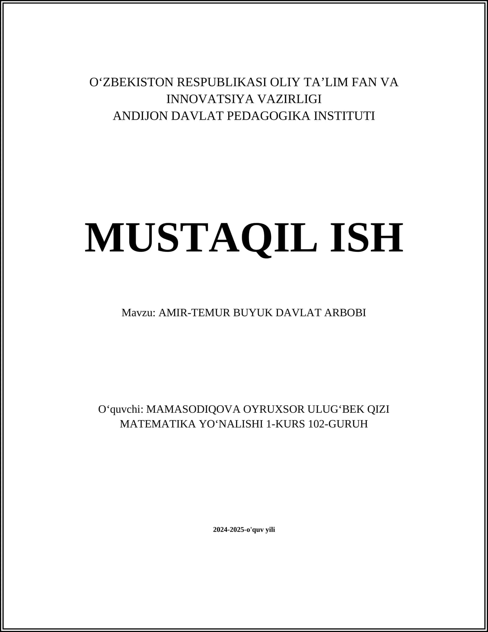 AMIR-TEMUR BUYUK DAVLAT ARBOBI