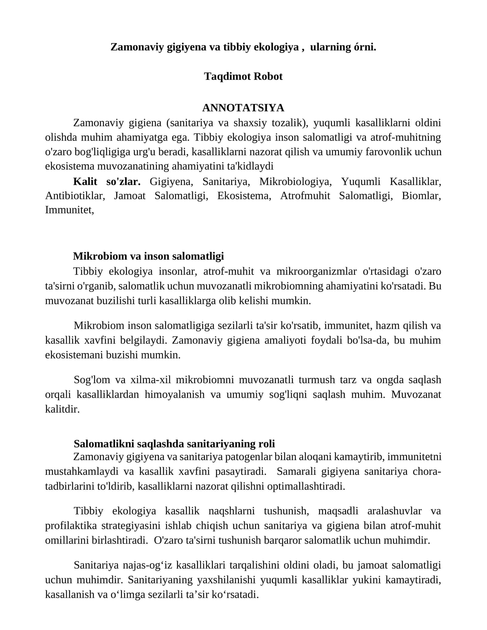 Zamonaviy gigiyena va tibbiy ekologiya, ularning o'rni