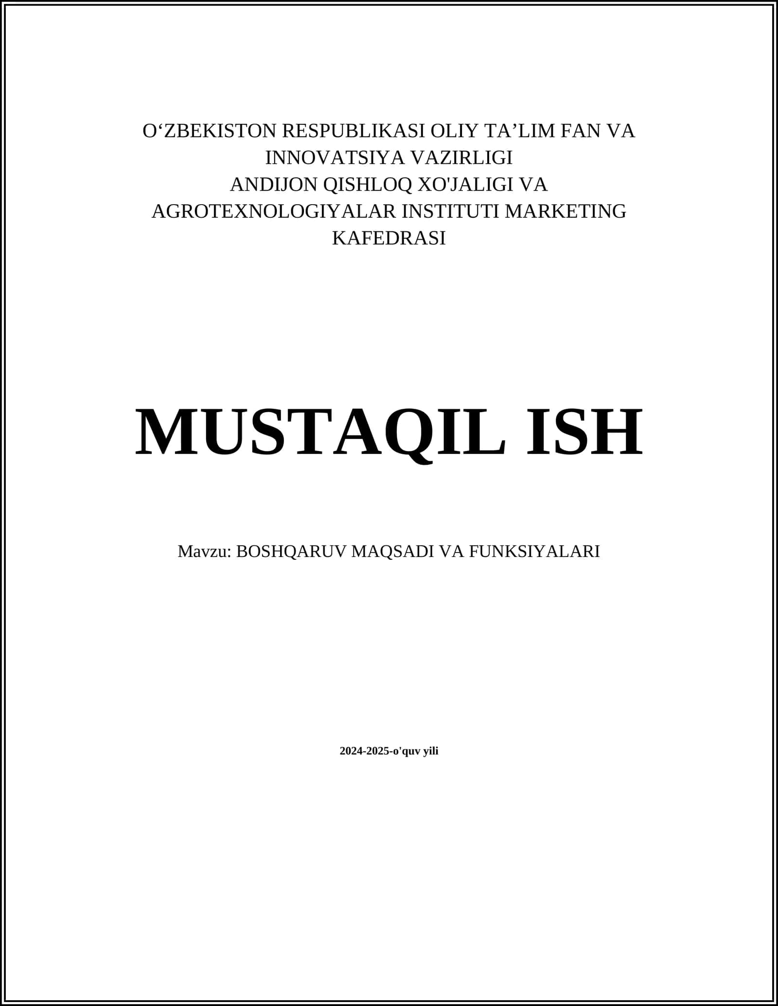 BOSHQARUV MAQSADI VA FUNKSIYALARI