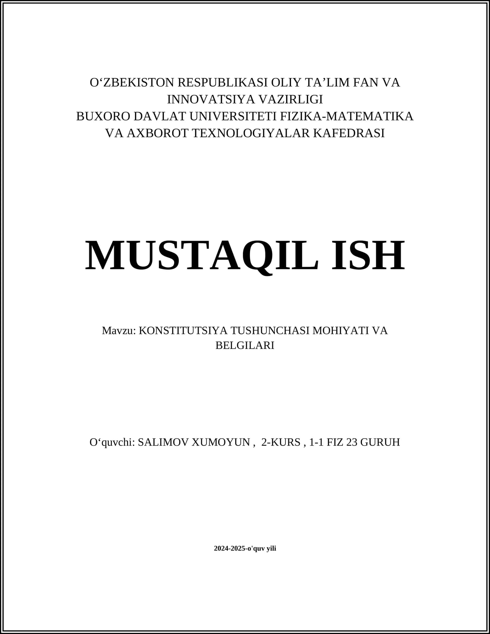 KONSTITUTSIYA TUSHUNCHASI MOHIYATI VA BELGILARI