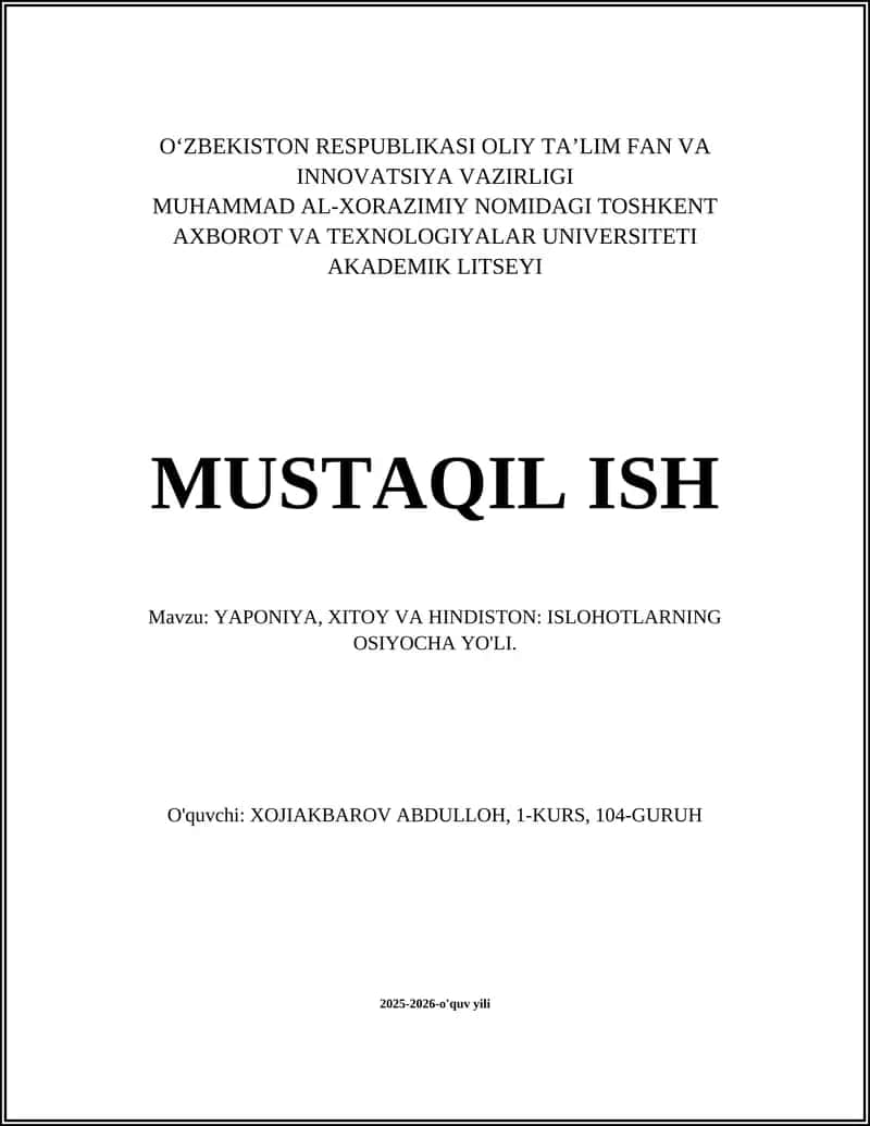 YAPONIYA, XITOY VA HINDISTON: ISLOHOTLARNING OSIYOCHA YO'LI