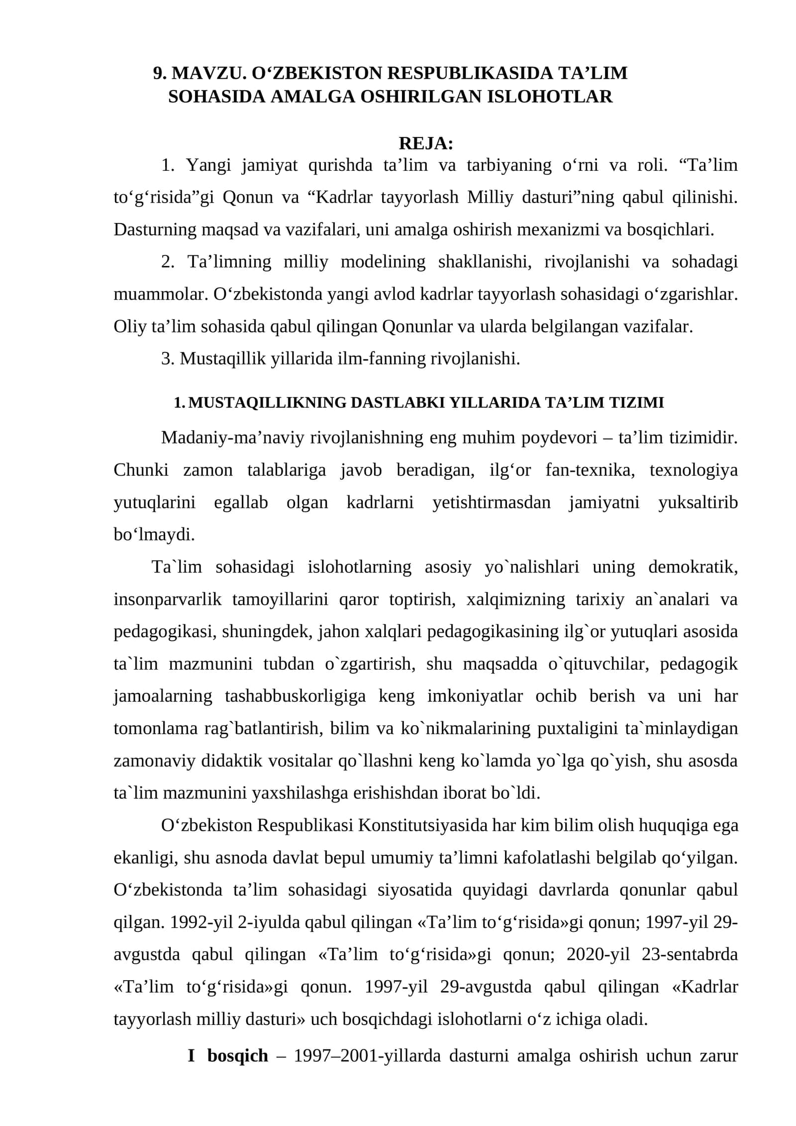 O‘ZBЕKISTОN RЕSРUBLIKАSIDА TА’LIM SОHАSIDА АMАLGА ОSHIRILGАN ISLОHОTLАR