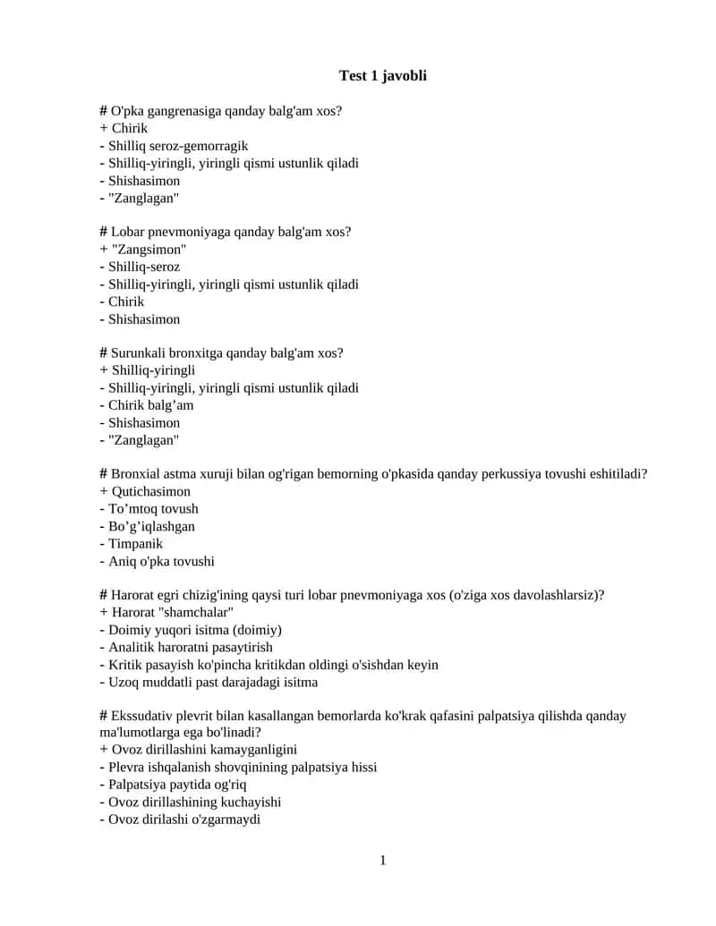 O'pka gangrenasiga qanday balg'am xos? Test 1 javobli