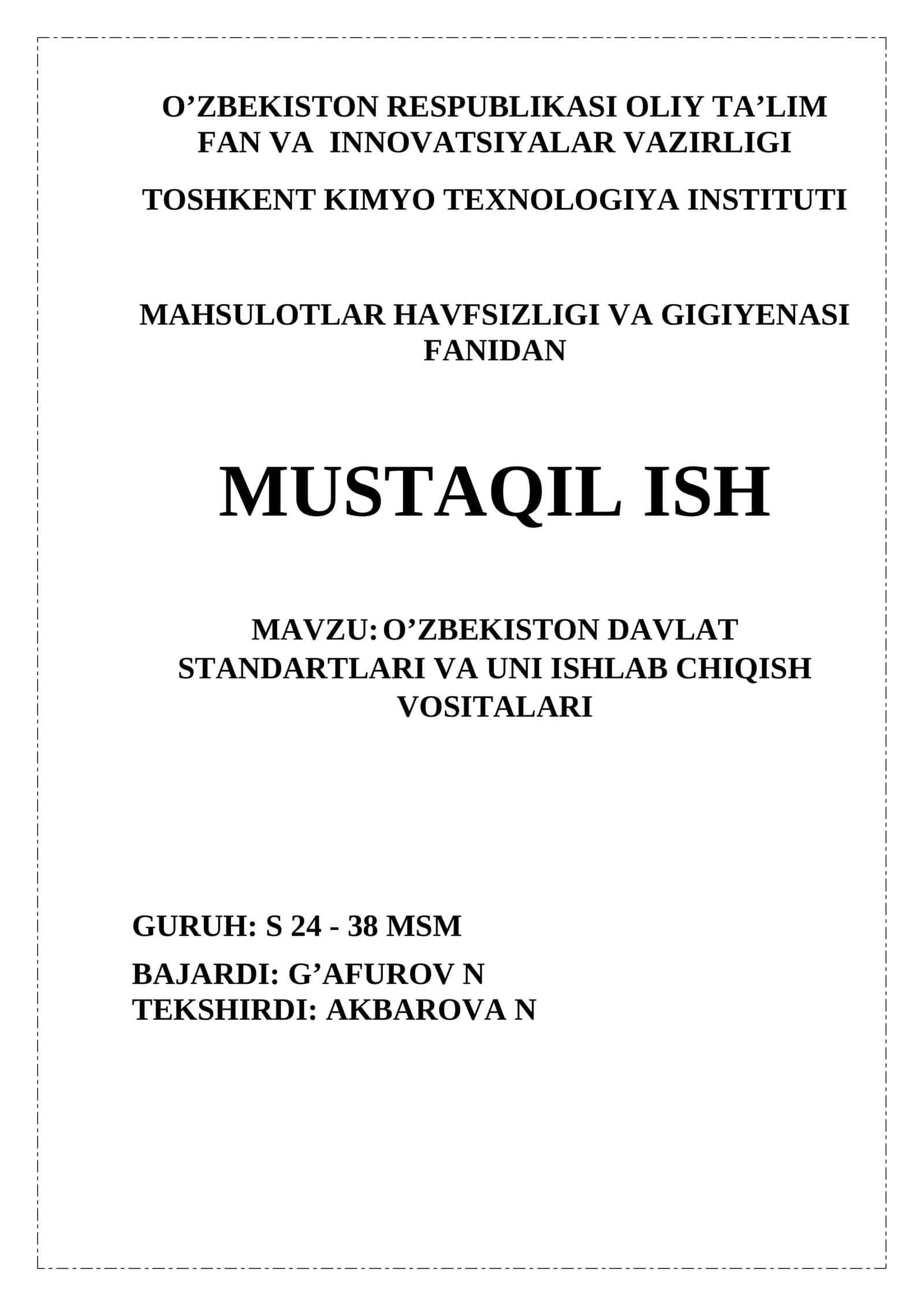 O’ZBEKISTON DAVLAT STANDARTLARI VA UNI ISHLAB CHIQISH VOSITALARI