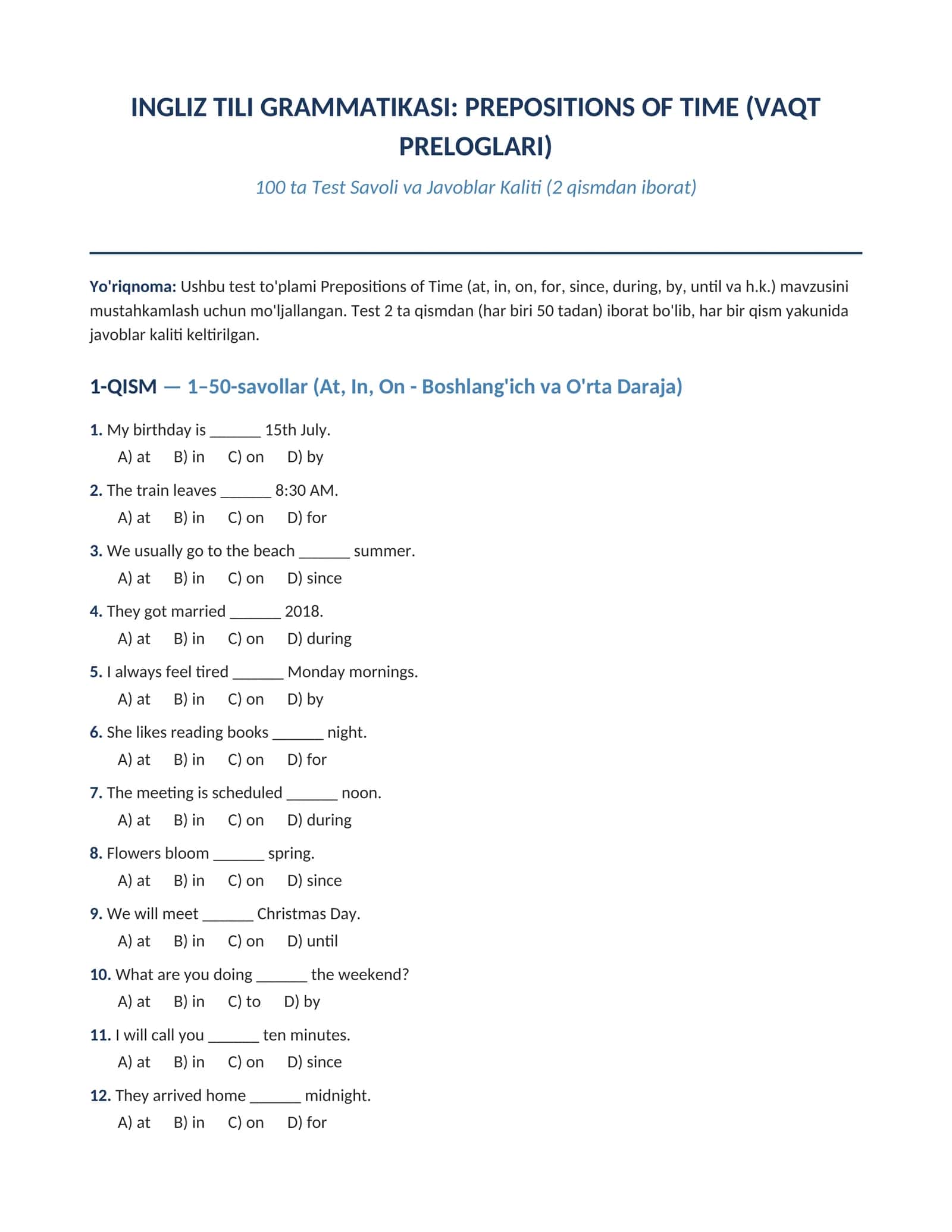 INGLIZ TILI GRAMMATIKASI: PREPOSITIONS OF TIME (VAQT PREDLOGLARI) 100 talik test javoblari bilan