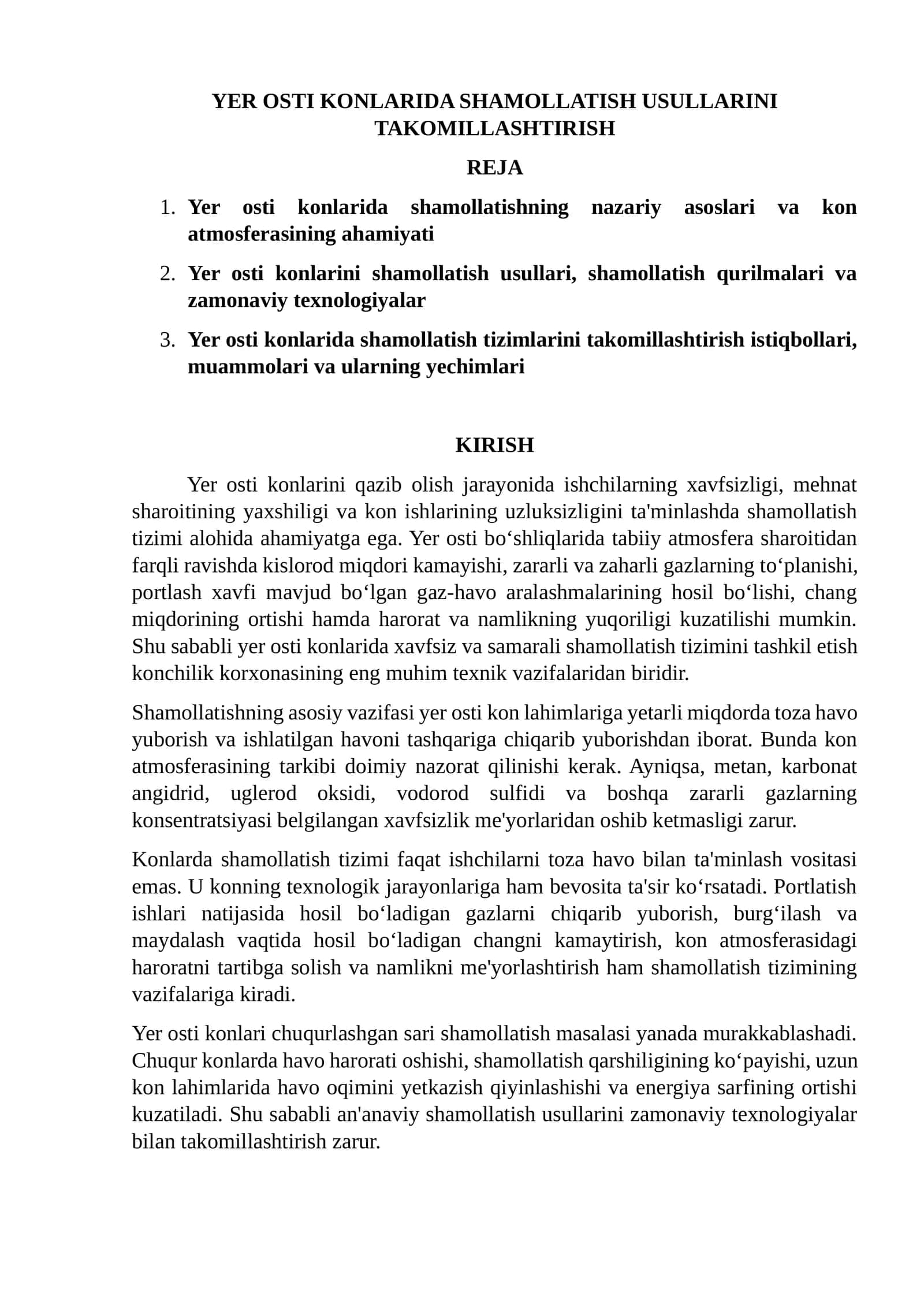 Shamollatish Usullari Yer Osti Konlarida