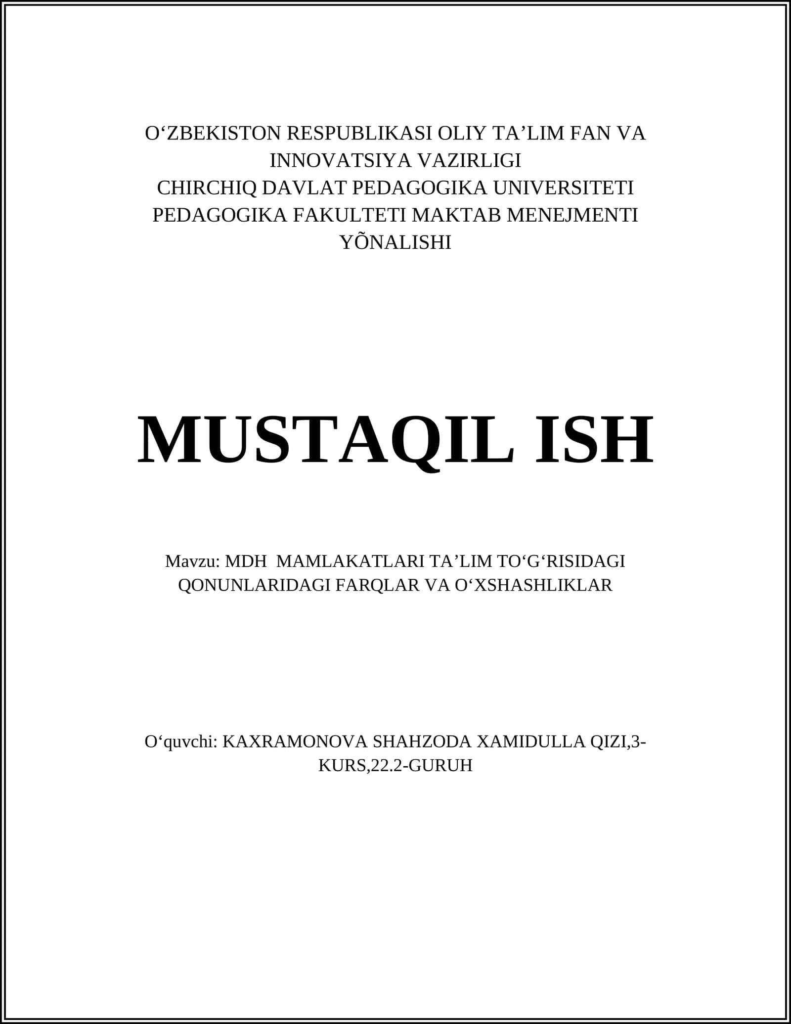 Mustaqil ish: MDH Mamlakatlari Ta'lim Tuzilishi