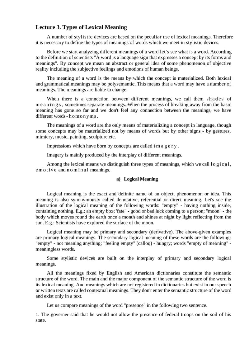 Lecture 3. Types of Lexical Meaning