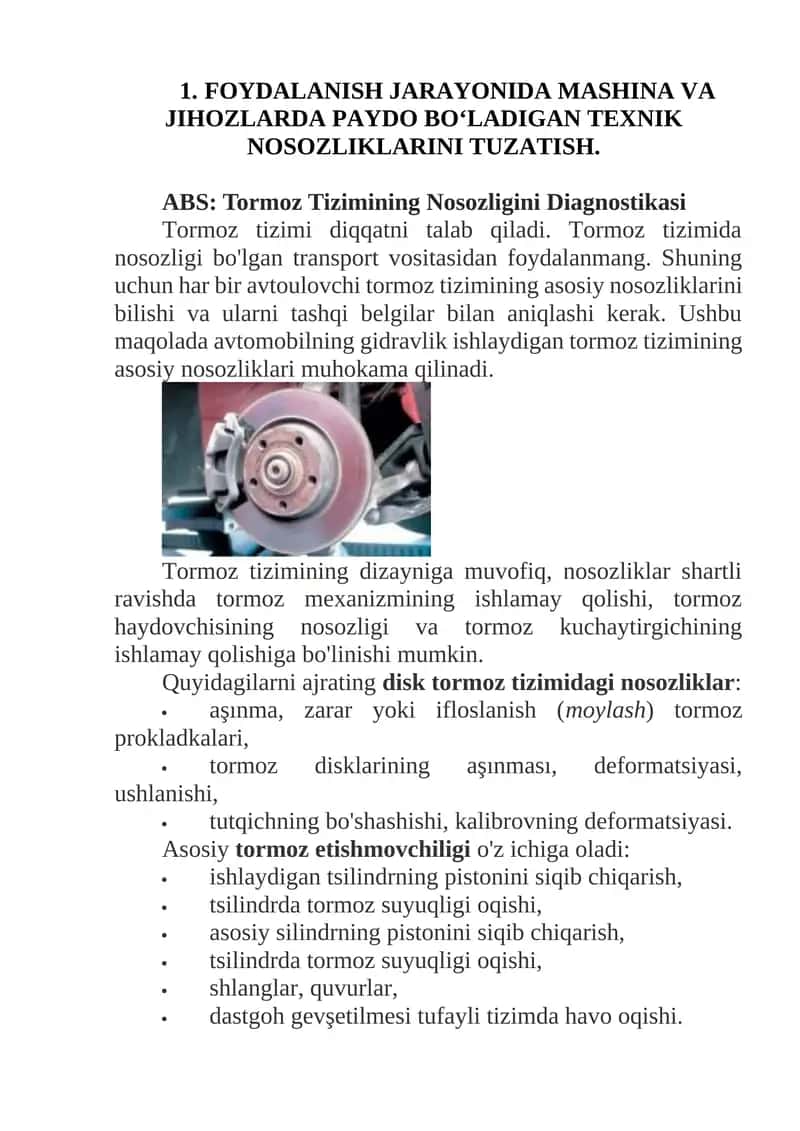 Tormoz tizimi va nosozliklarini tuzatish