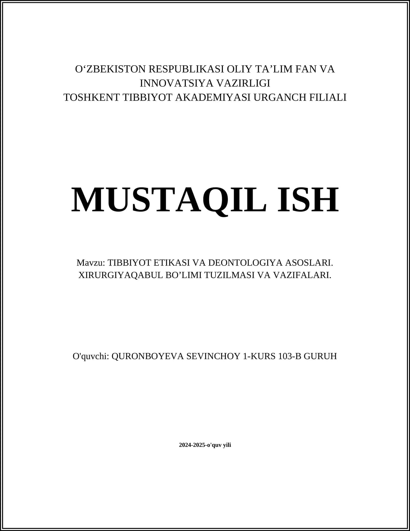 TIBBIYOT ETIKASI VA DEONTOLOGIYA ASOSLARI