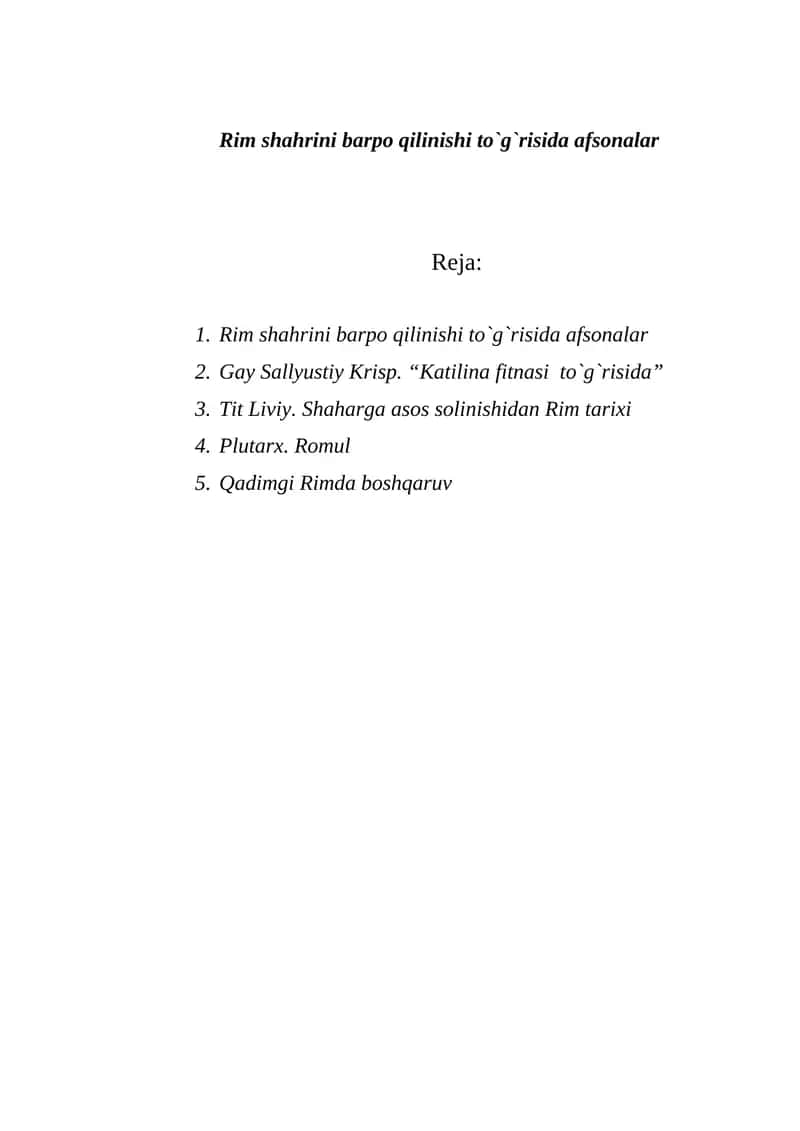 Rim shahrini barpo qilinishi to`g`risida afsonalar