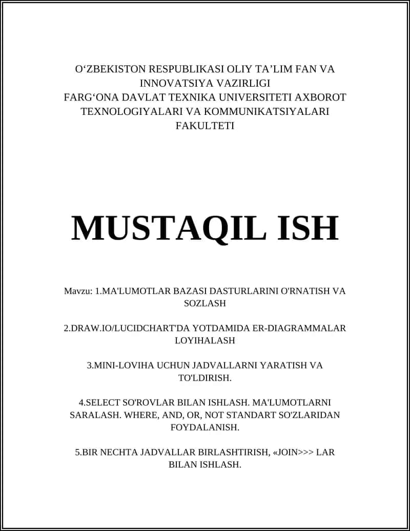 MA'LUMOTLAR BAZASI DASTURLARINI O'RNATISH VA SOZLASH