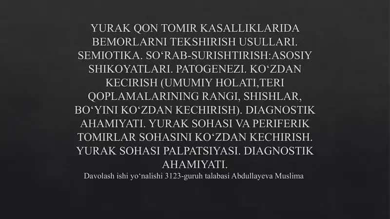 Yurak Qon Tomir Kasalliklarida Bemorlarni Tekshirish Usullari