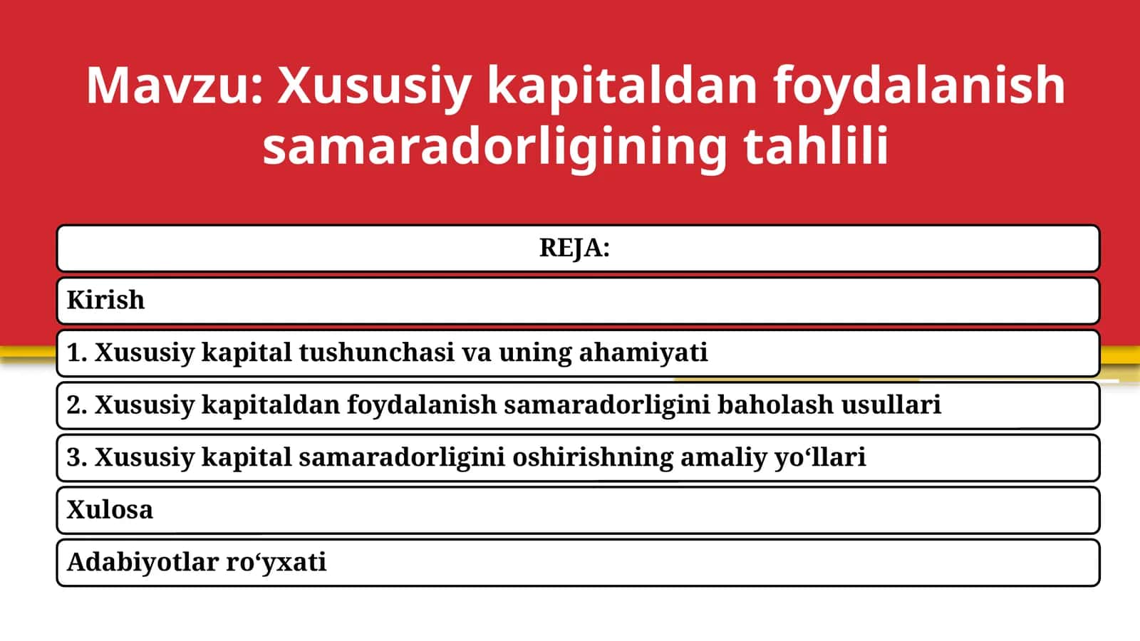 Xususiy kapitaldan foydalanish samaradorligining tahlili