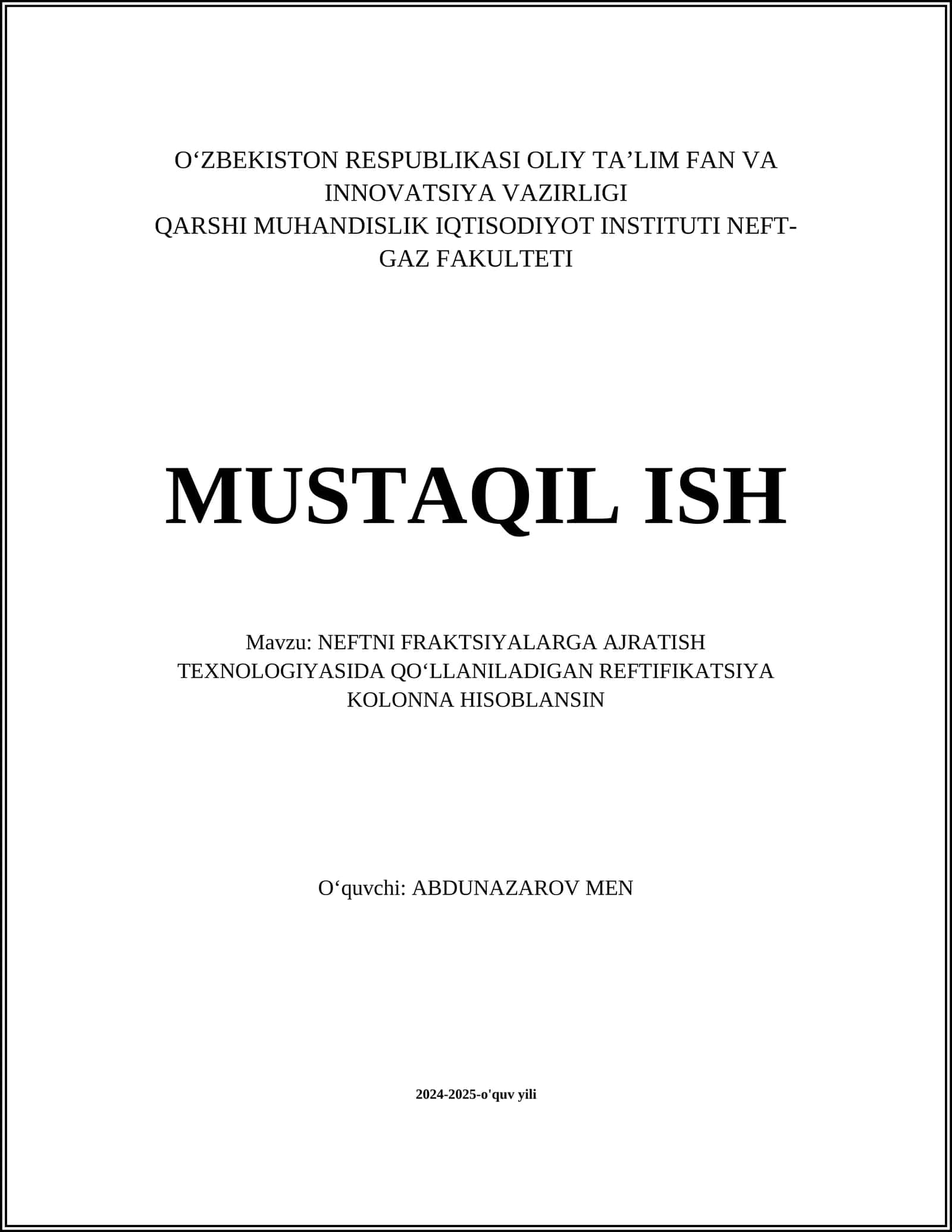 NEFTNI FRAKTSIYALARGA AJRATISH TEXNOLOGIYASIDA QO‘LLANILADIGAN REFTIFIKATSIYA KOLONNA HISOBLANSIN