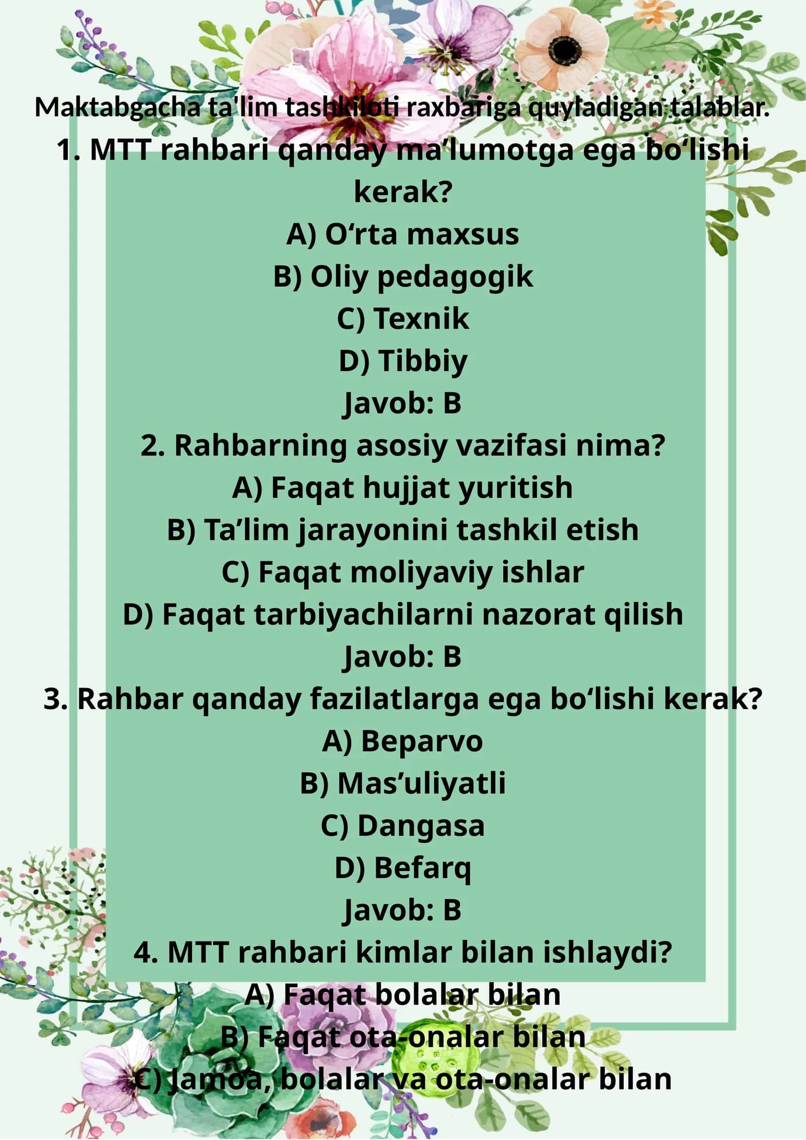 Maktabgacha ta'lim tashkiloti raxbariga quyladigan talablar