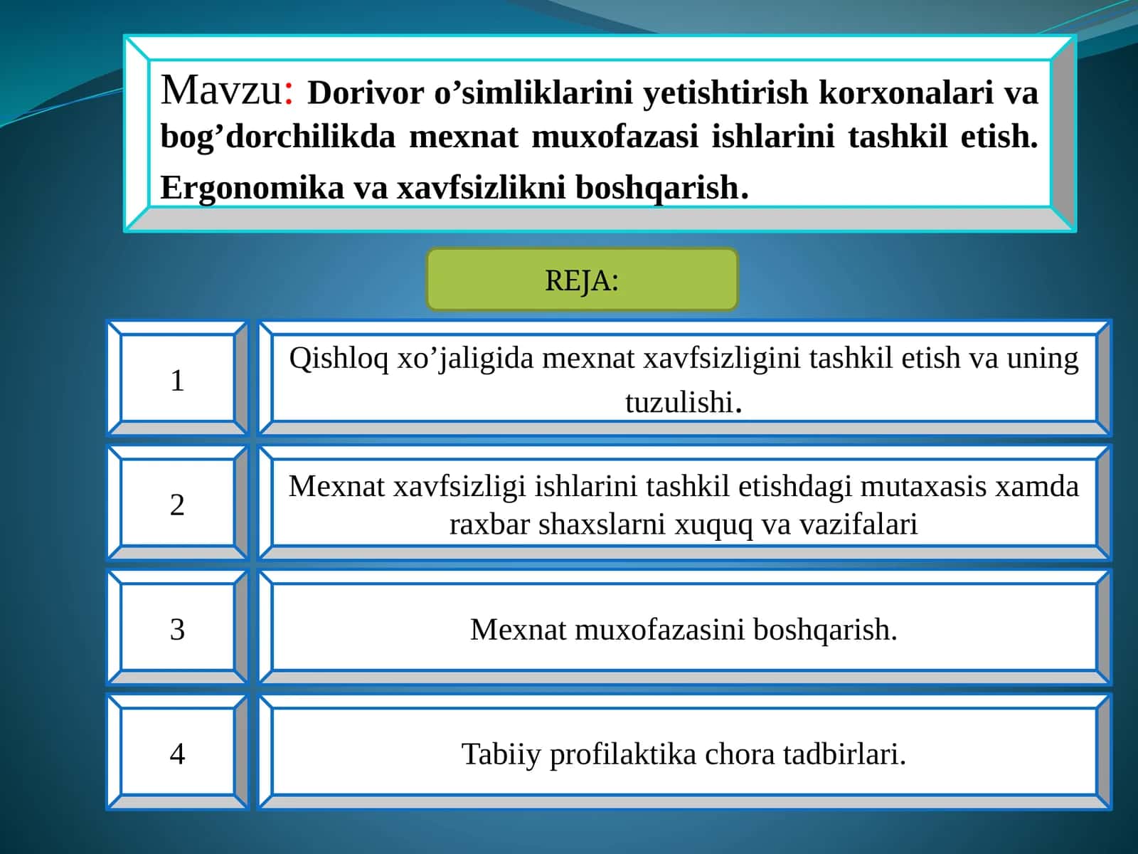 Dorivor o’simliklarini yetishtirish korxonalari va bog’dorchilikda mexnat muxofazasi ishlarini tashkil etish. Ergonomika va xavfsizlikni boshqarish