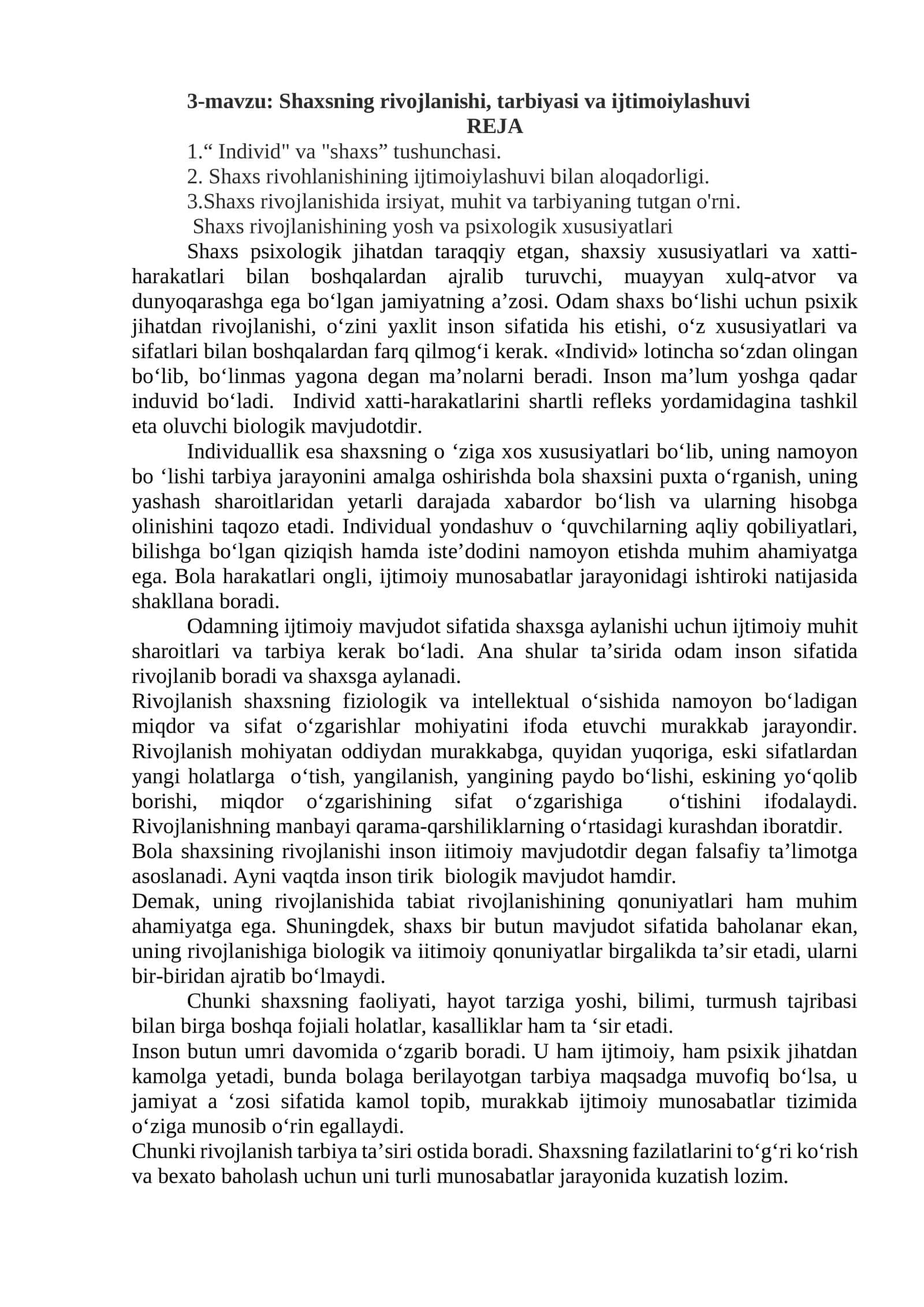 Shaxsning rivojlanishi, tarbiyasi va ijtimoiylashuvi