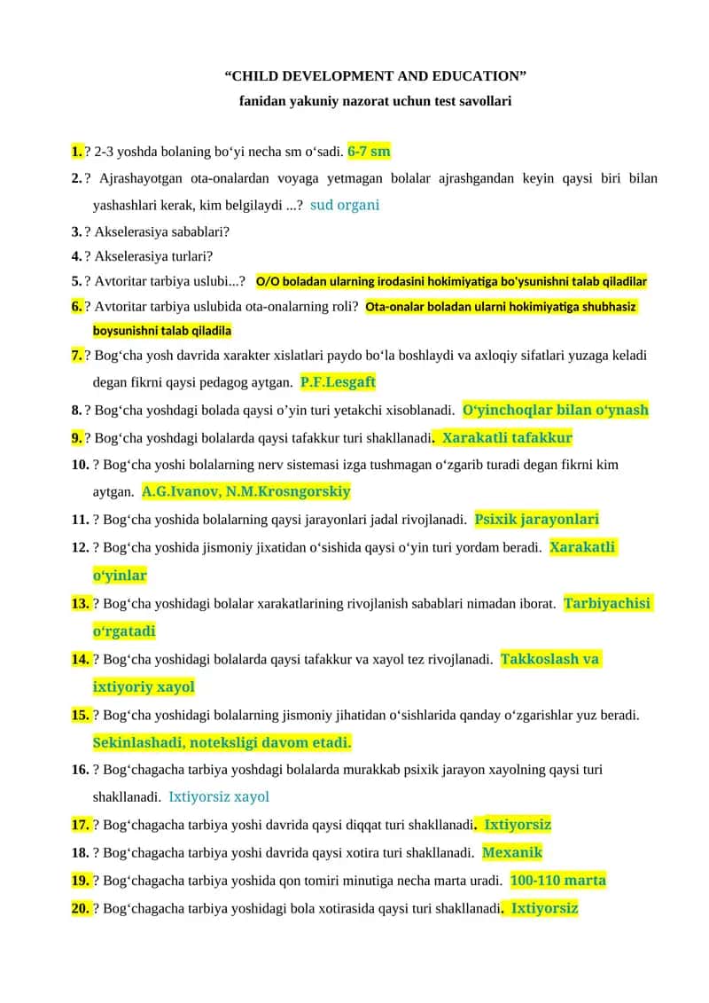 Fanidan yakuniy nazorat uchun test savollari