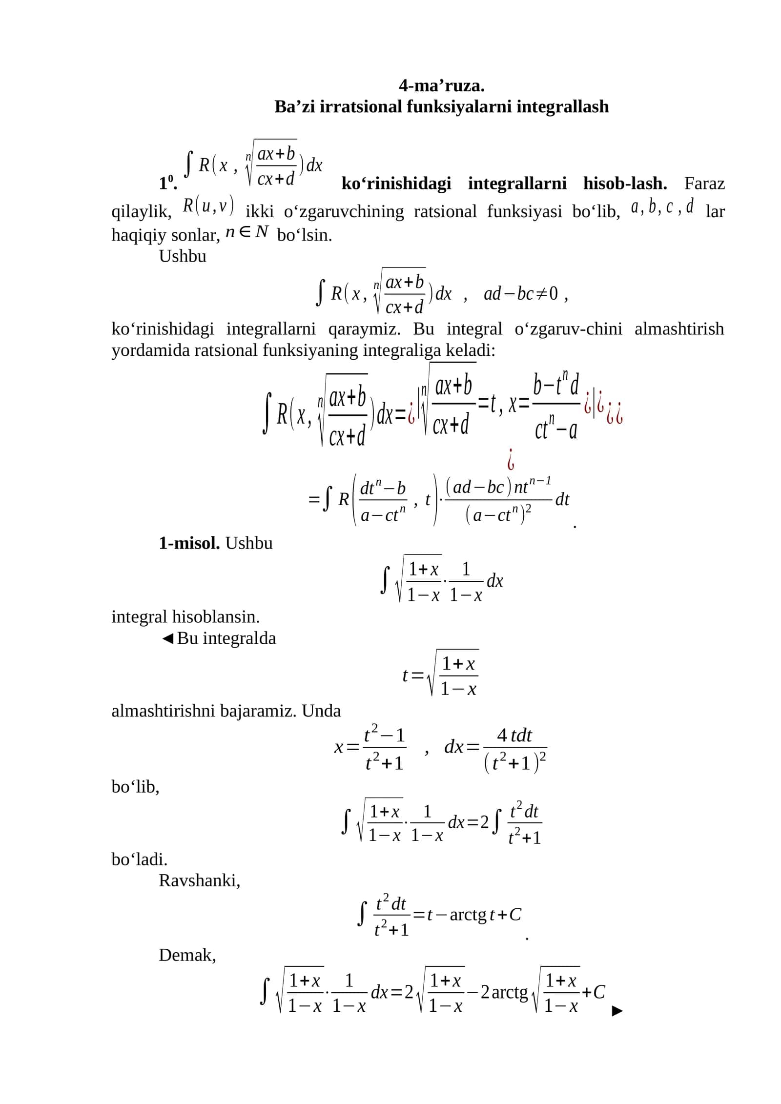 Ba’zi irratsional funksiyalarni integrallash
