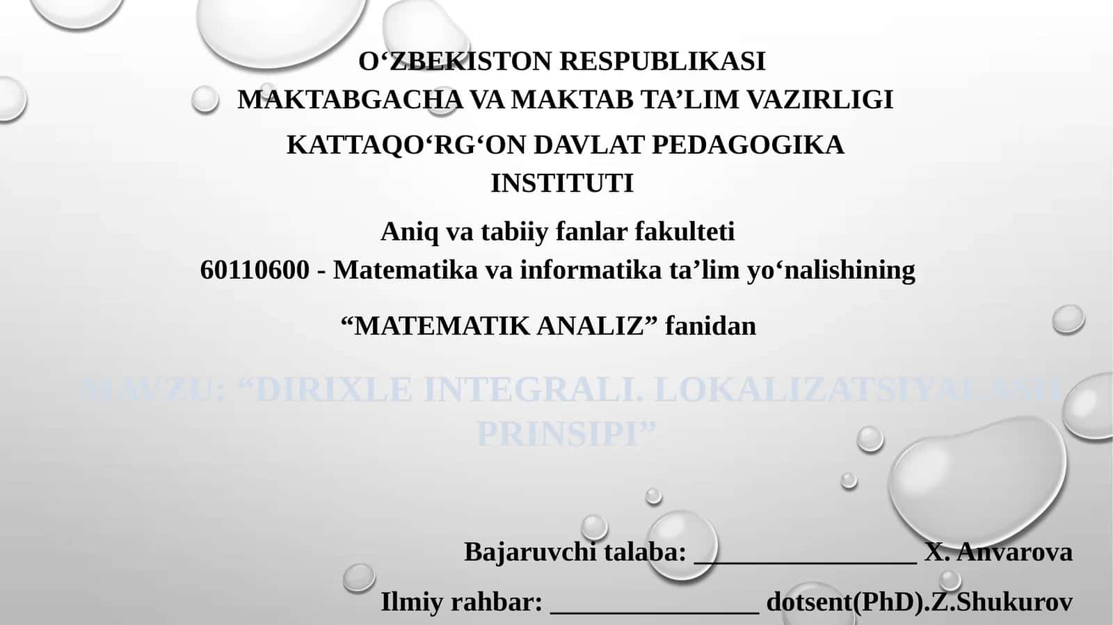 “DIRIXLE INTEGRALI. LOKALIZATSIYALASH PRINSIPI”