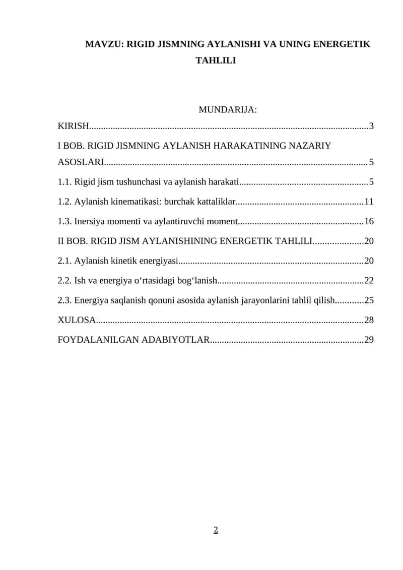 RIGID JISMNING AYLANISHI VA UNING ENERGETIK TAHLILI