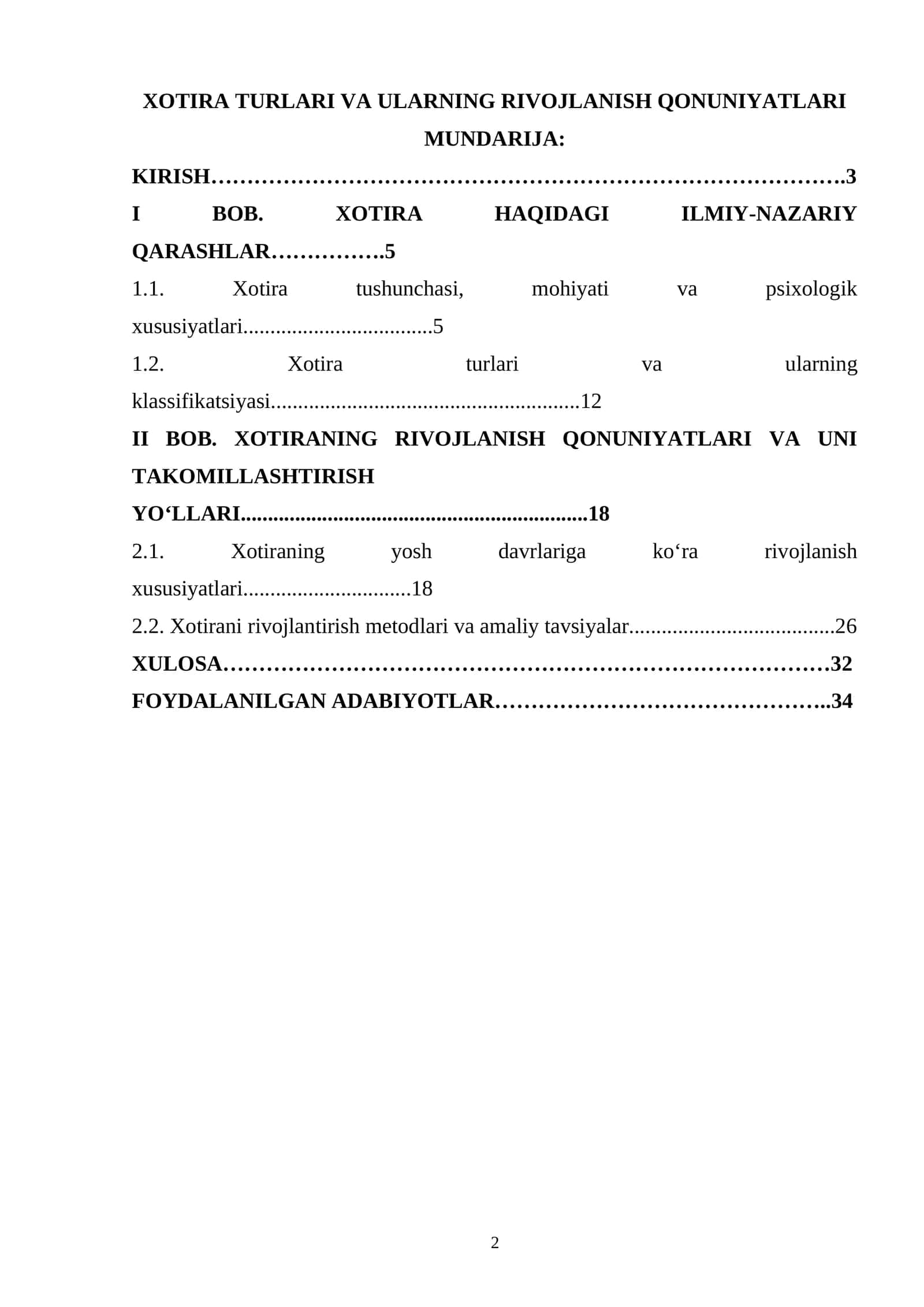 XOTIRA TURLARI VA ULARNING RIVOJLANISH QONUNIYATLARI