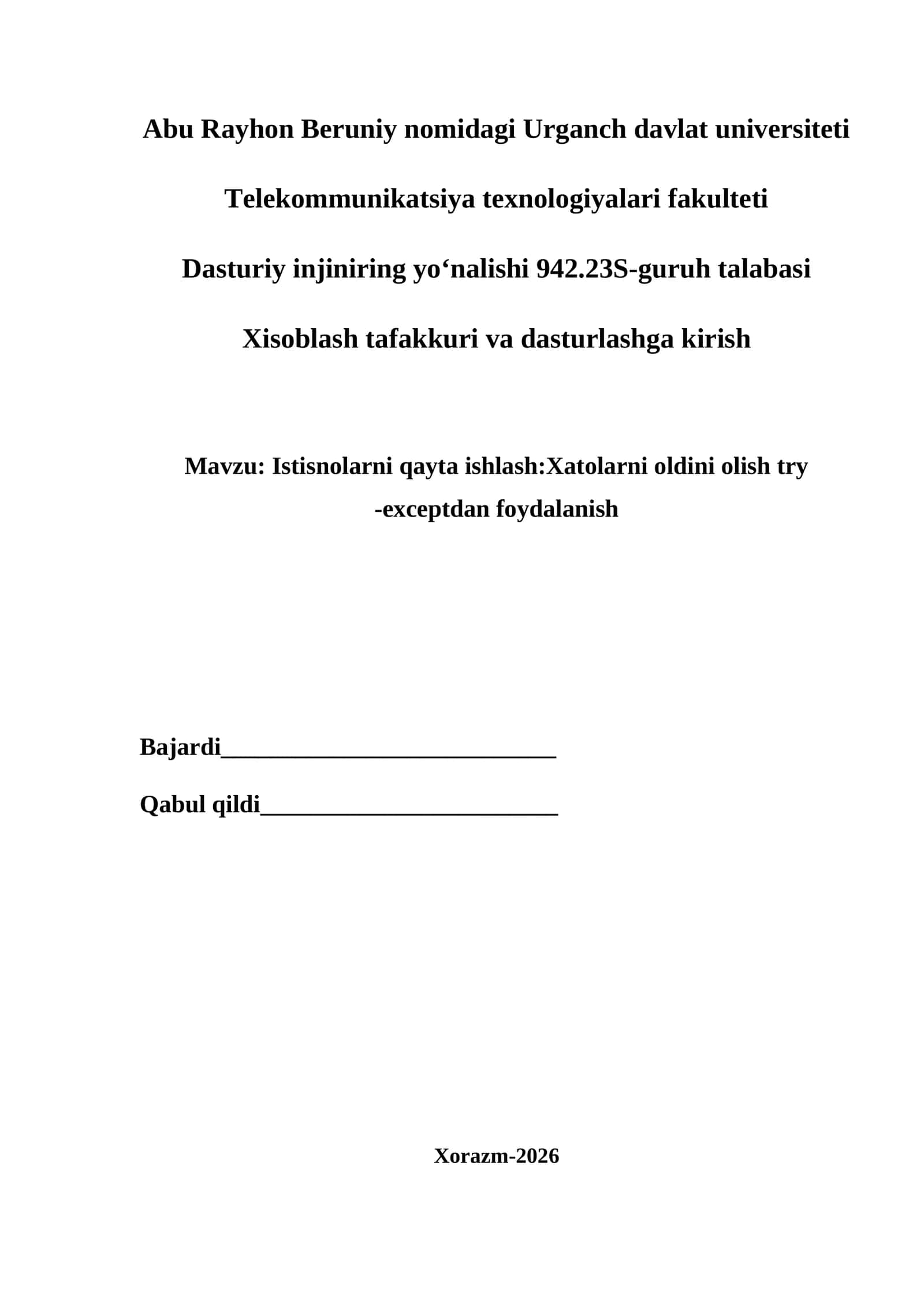 Istisnolarni qayta ishlash:Xatolarni oldini olish try -exceptdan foydalanish