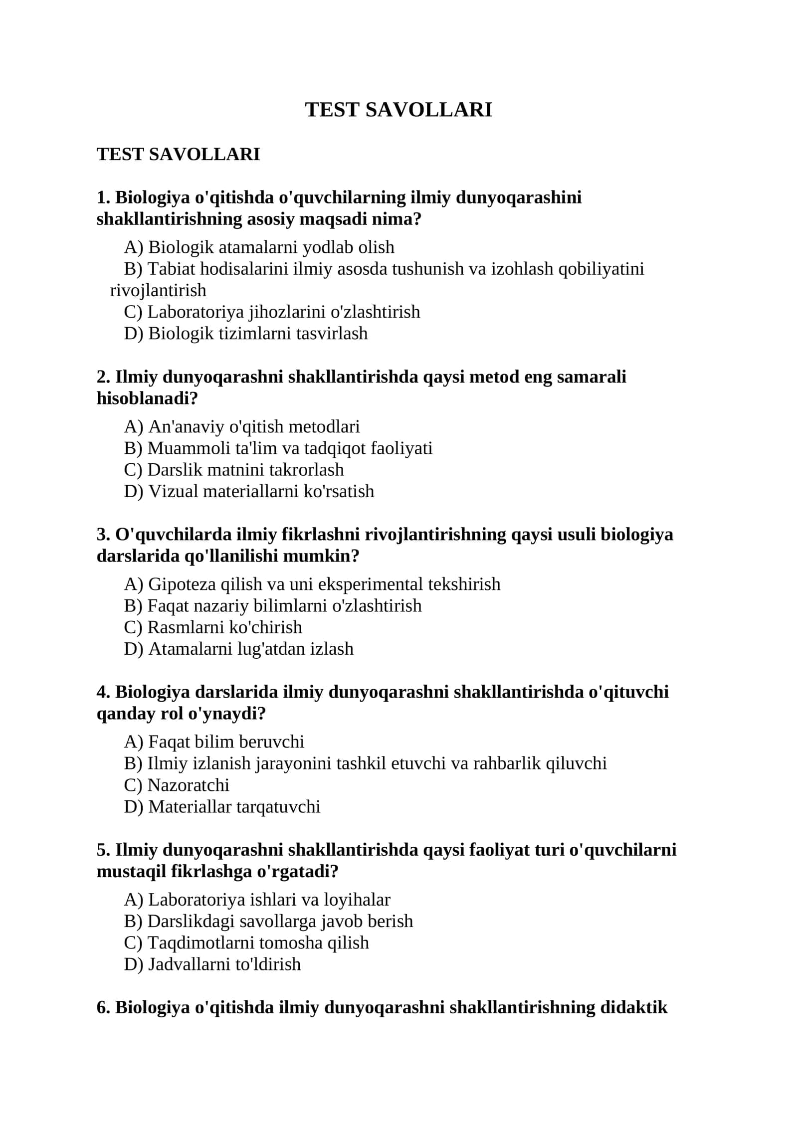 Biologiya test savollari