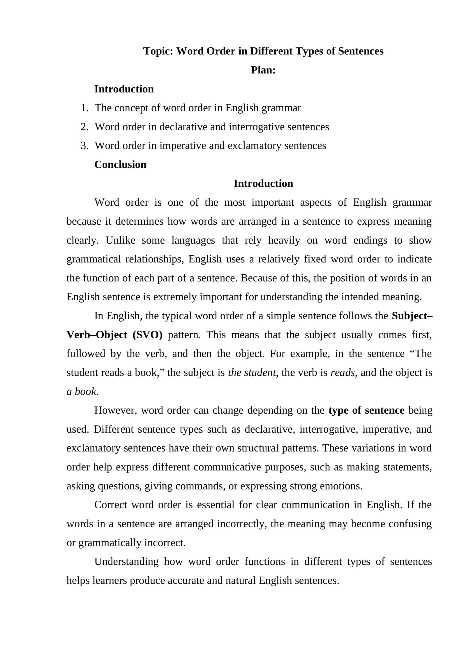 Word Order in Different Types of Sentences