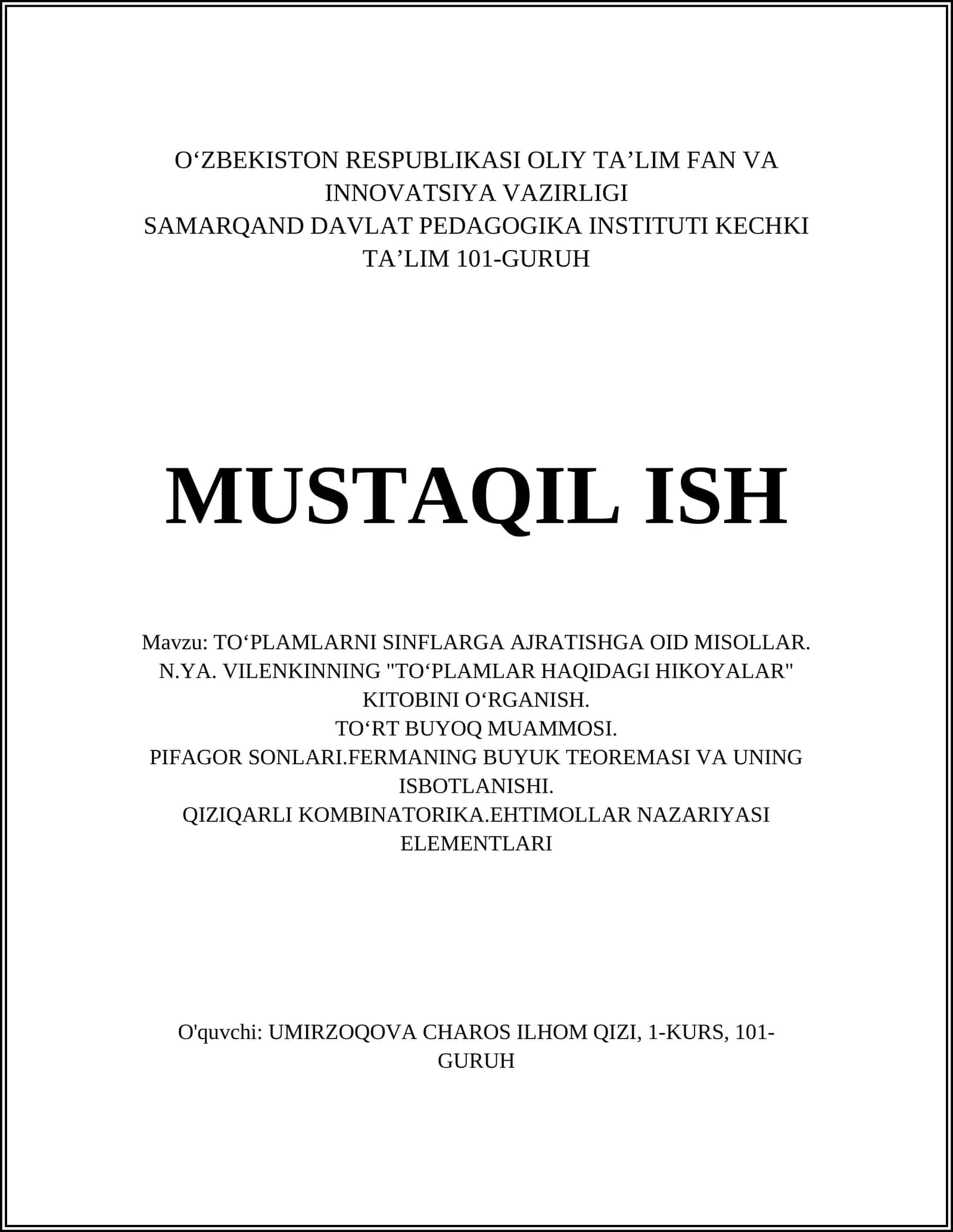 TOʻPLAMLARNI SINFLARGA AJRATISHGA OID MISOLLAR