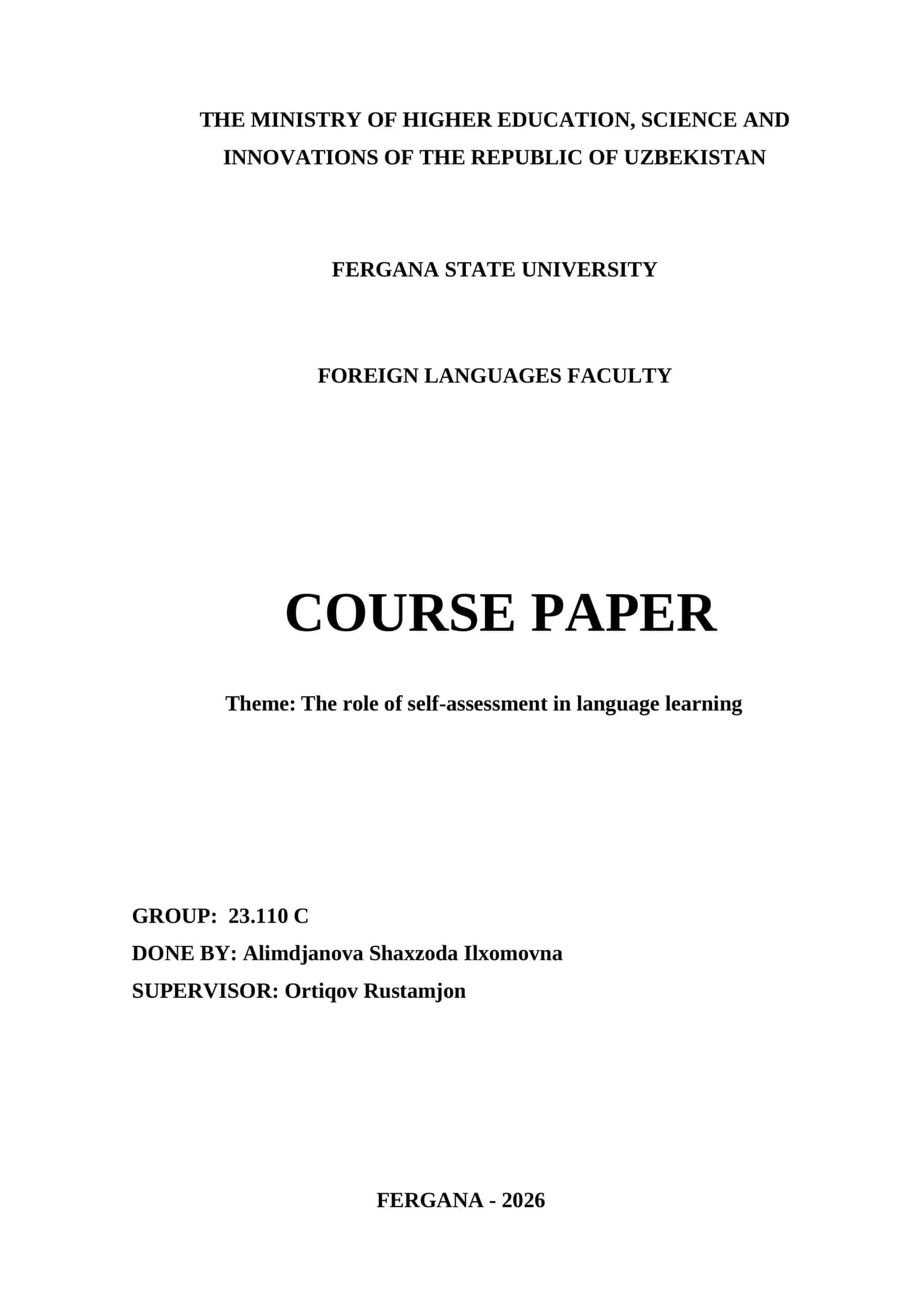 Course Paper on "The Role of Self-Assessment in Language Learning"