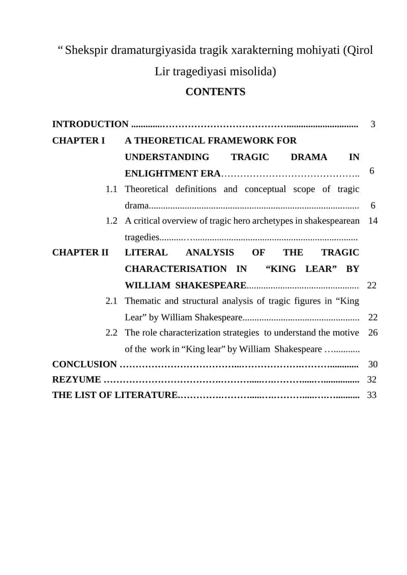 Shekspir dramaturgiyasida tragik xarakterning mohiyati (Qirol Lir tragediyasi misolida)