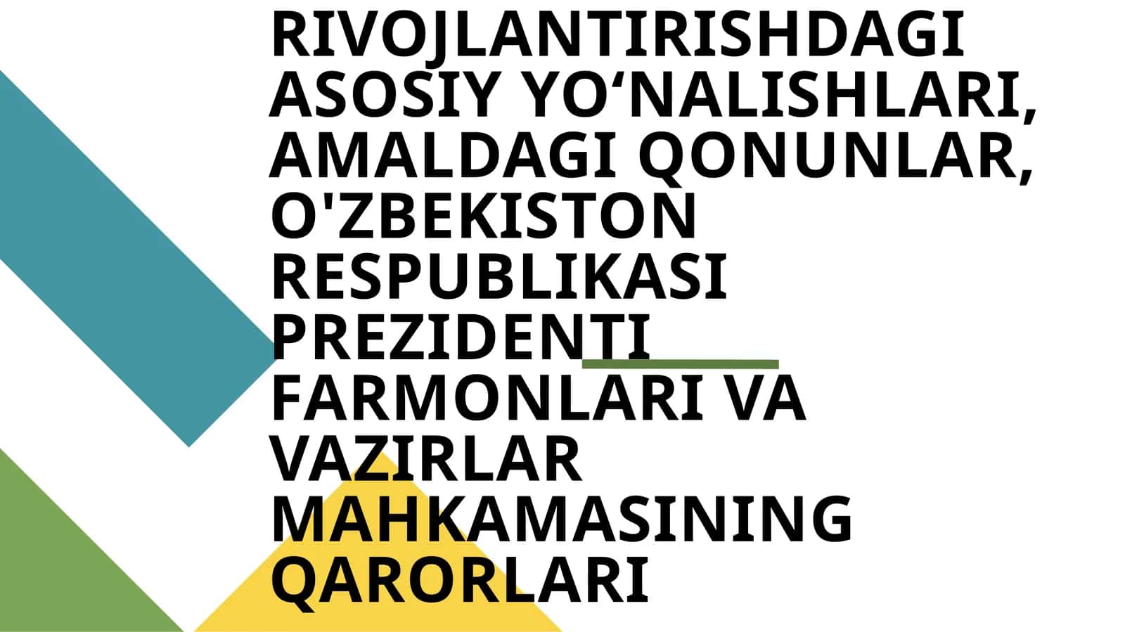 O'ZBEKISTONDA AXBOROT KOMMUNIKATSIYA SOHASINI RIVOJLANTIRISHDAGI ASOSIY YOʻNALISHLARI, AMALDAGI QONUNLAR, O'ZBEKISTON RESPUBLIKASI PREZIDENTI FARMONLARI VA VAZIRLAR MAHKAMASINING QARORLARI